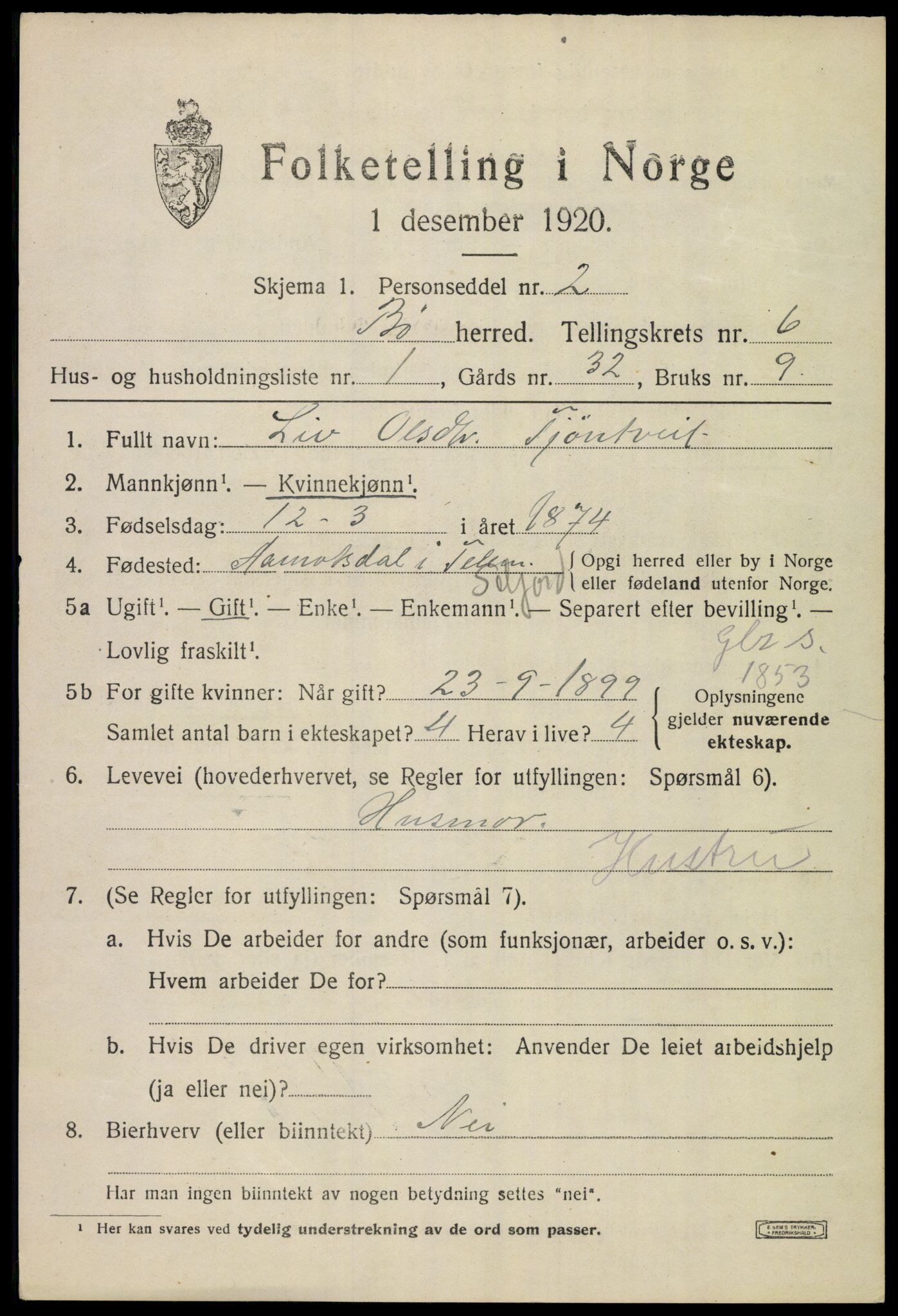 SAKO, 1920 census for Bø (Telemark), 1920, p. 4368