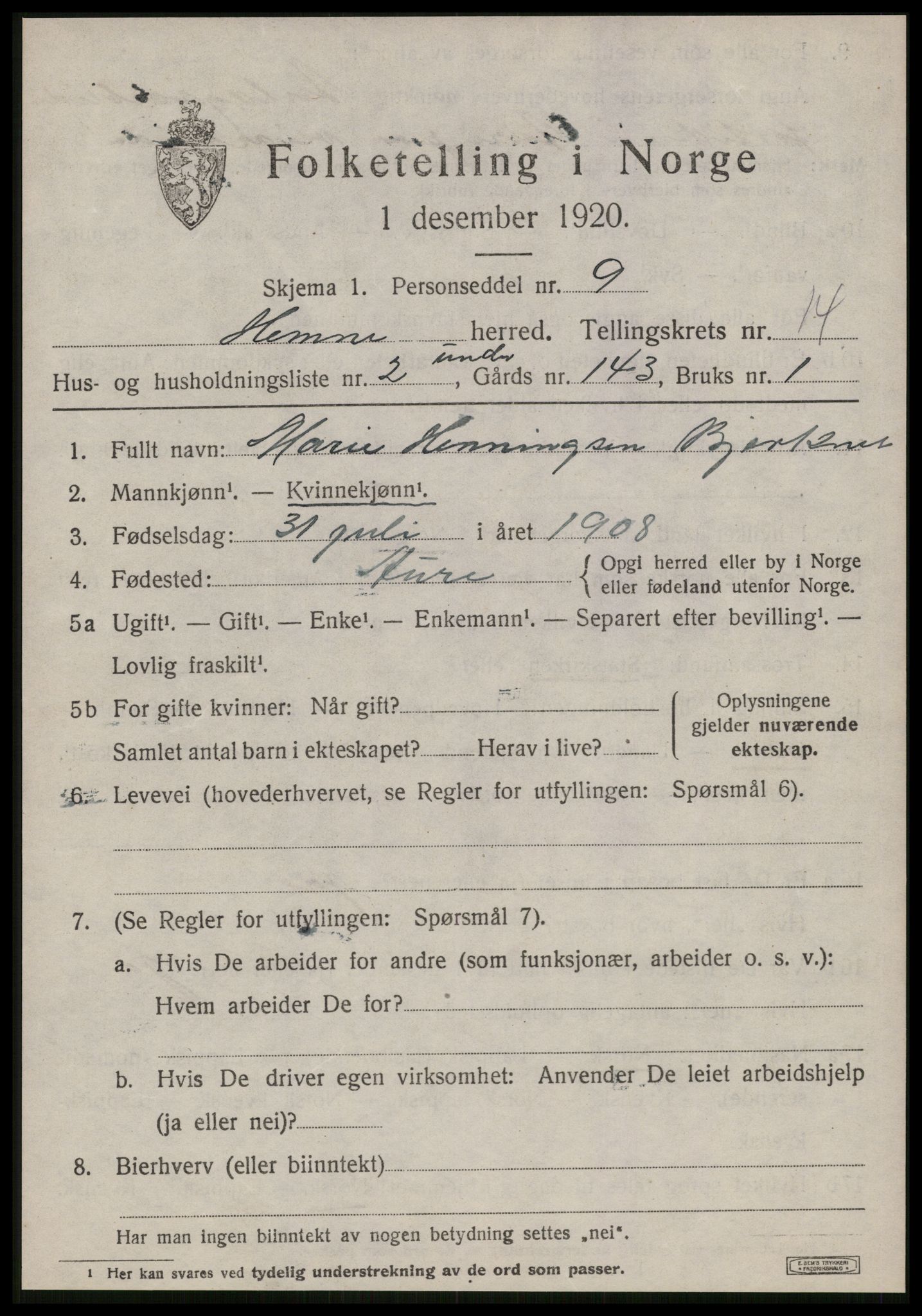 SAT, 1920 census for Hemne, 1920, p. 7948