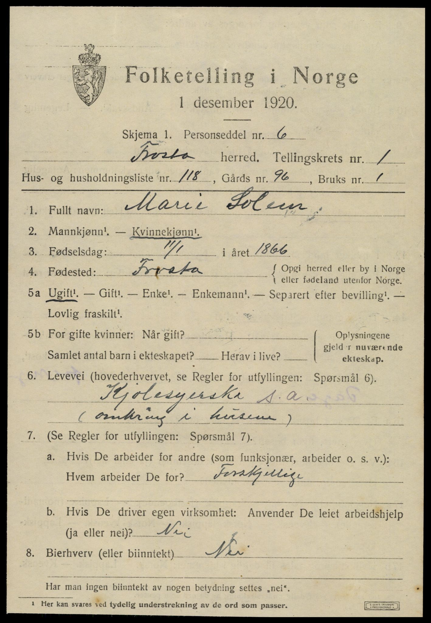 SAT, 1920 census for Frosta, 1920, p. 2332