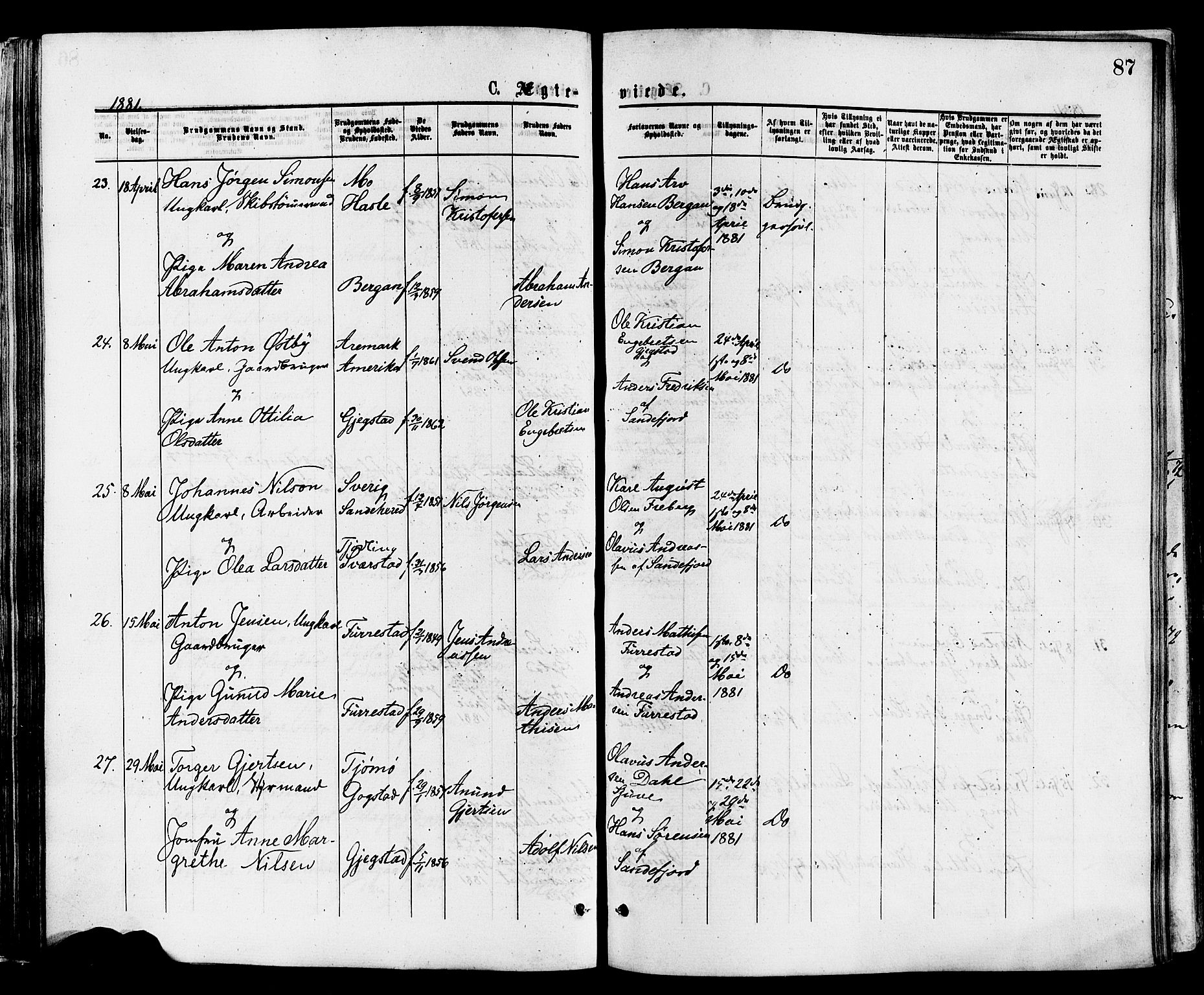 Sandar kirkebøker, SAKO/A-243/F/Fa/L0011: Parish register (official) no. 11, 1872-1882, p. 87