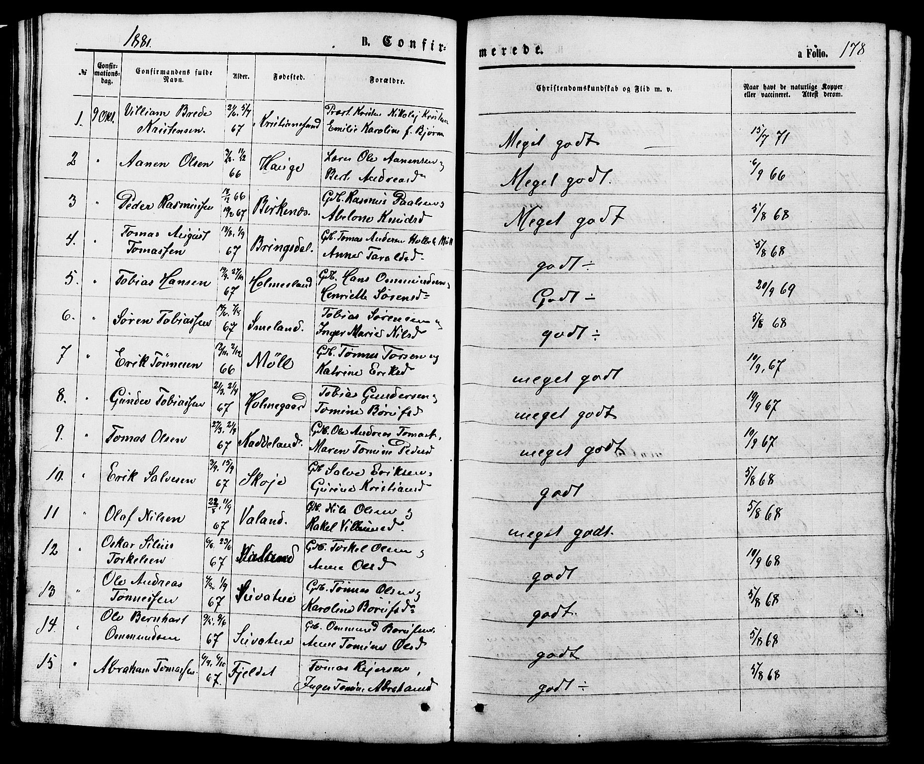 Holum sokneprestkontor, AV/SAK-1111-0022/F/Fb/Fba/L0004: Parish register (copy) no. B 4, 1867-1890, p. 178