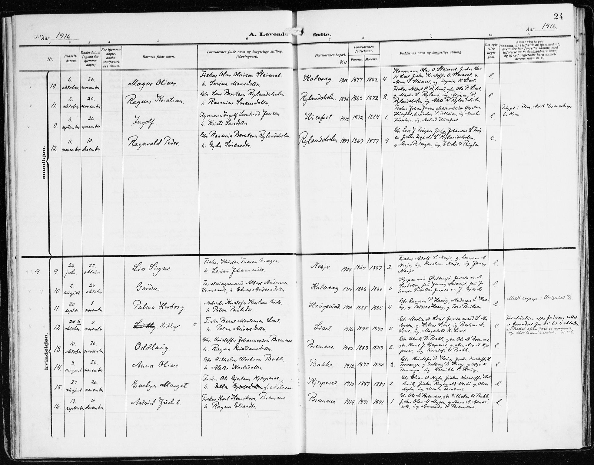 Bremanger sokneprestembete, AV/SAB-A-82201/H/Haa/Haab/L0003: Parish register (official) no. B 3, 1908-1925, p. 24