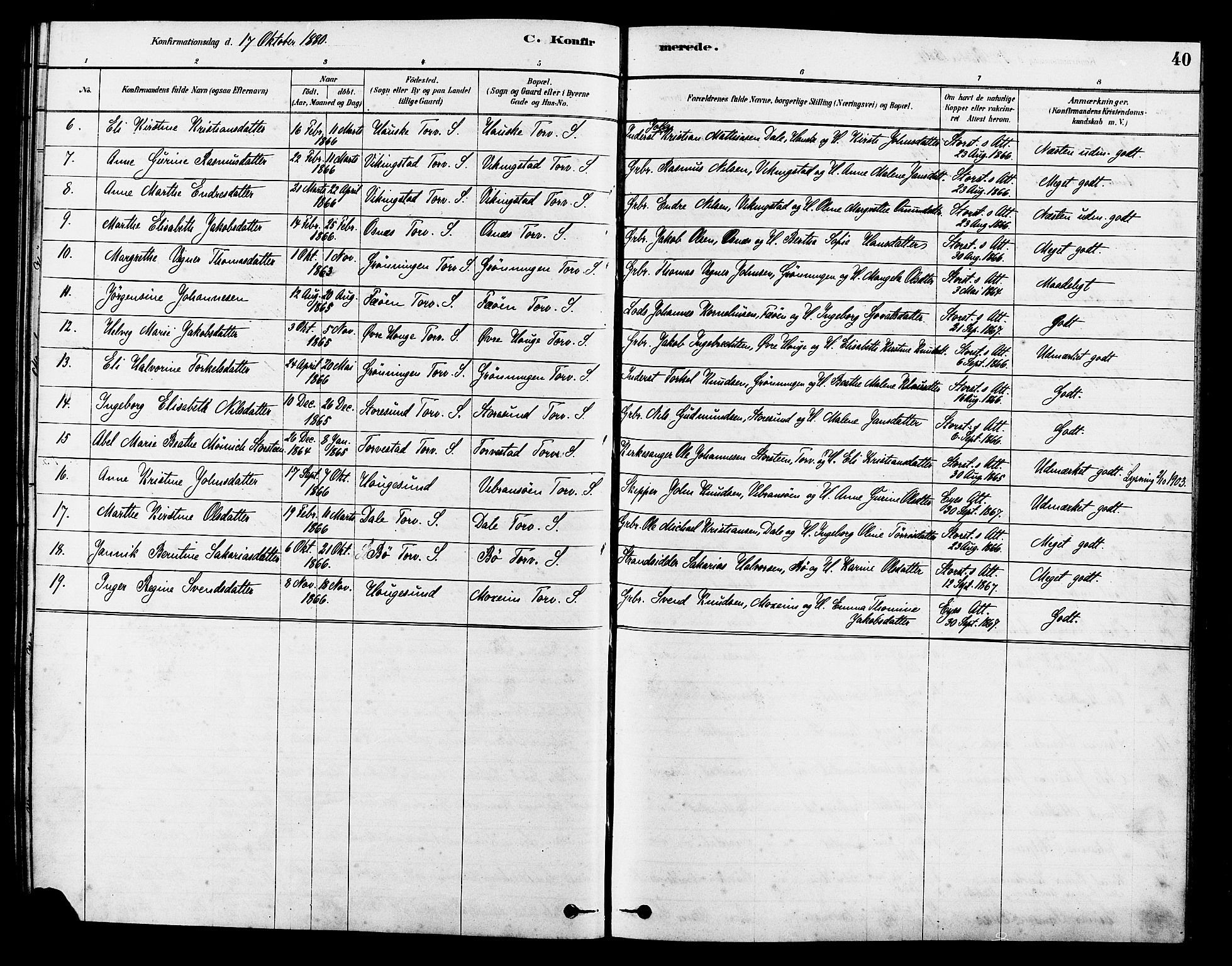 Torvastad sokneprestkontor, SAST/A -101857/H/Ha/Haa/L0014: Parish register (official) no. A 13, 1879-1888, p. 40