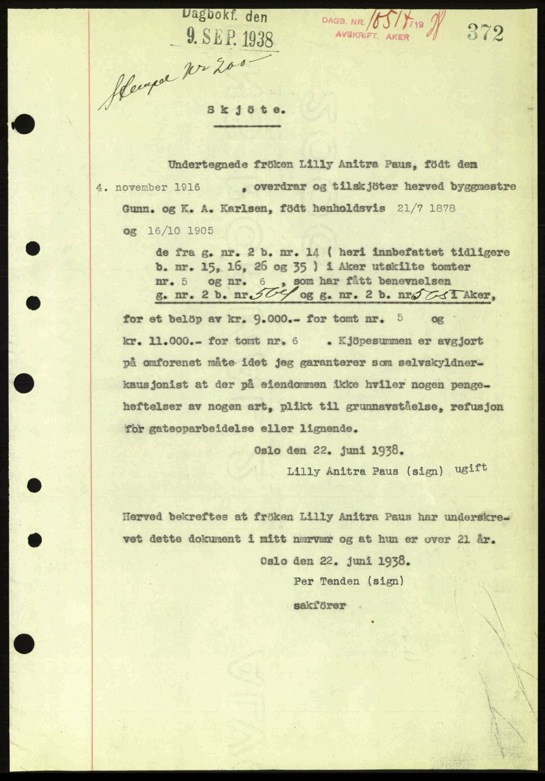 Aker herredsskriveri, SAO/A-10896/G/Gb/Gba/Gbab/L0025: Mortgage book no. A154-155, 1938-1938, Diary no: : 10517/1938
