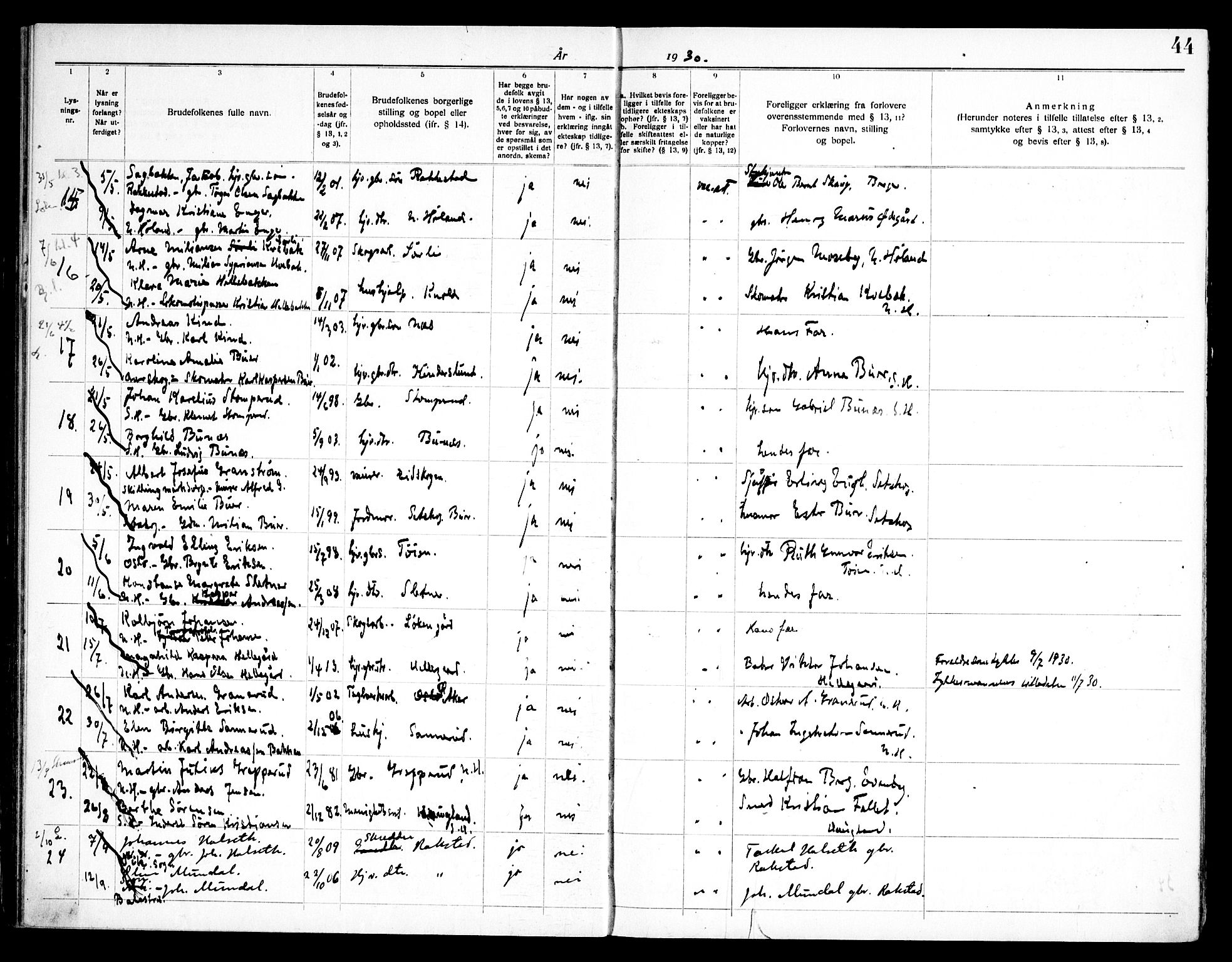 Høland prestekontor Kirkebøker, AV/SAO-A-10346a/H/Ha/L0001: Banns register no. I 1, 1919-1947, p. 44