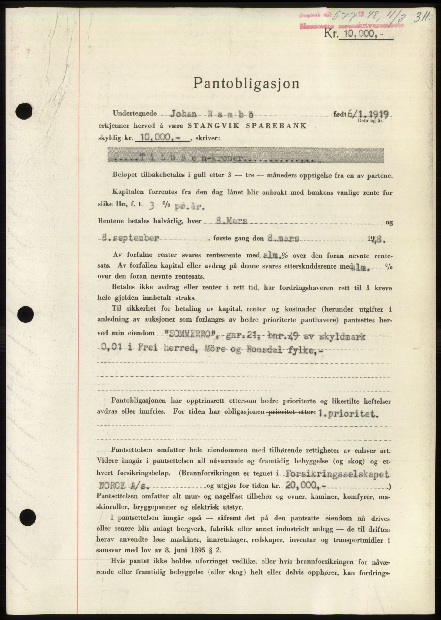 Nordmøre sorenskriveri, AV/SAT-A-4132/1/2/2Ca: Mortgage book no. B98, 1948-1948, Diary no: : 577/1948