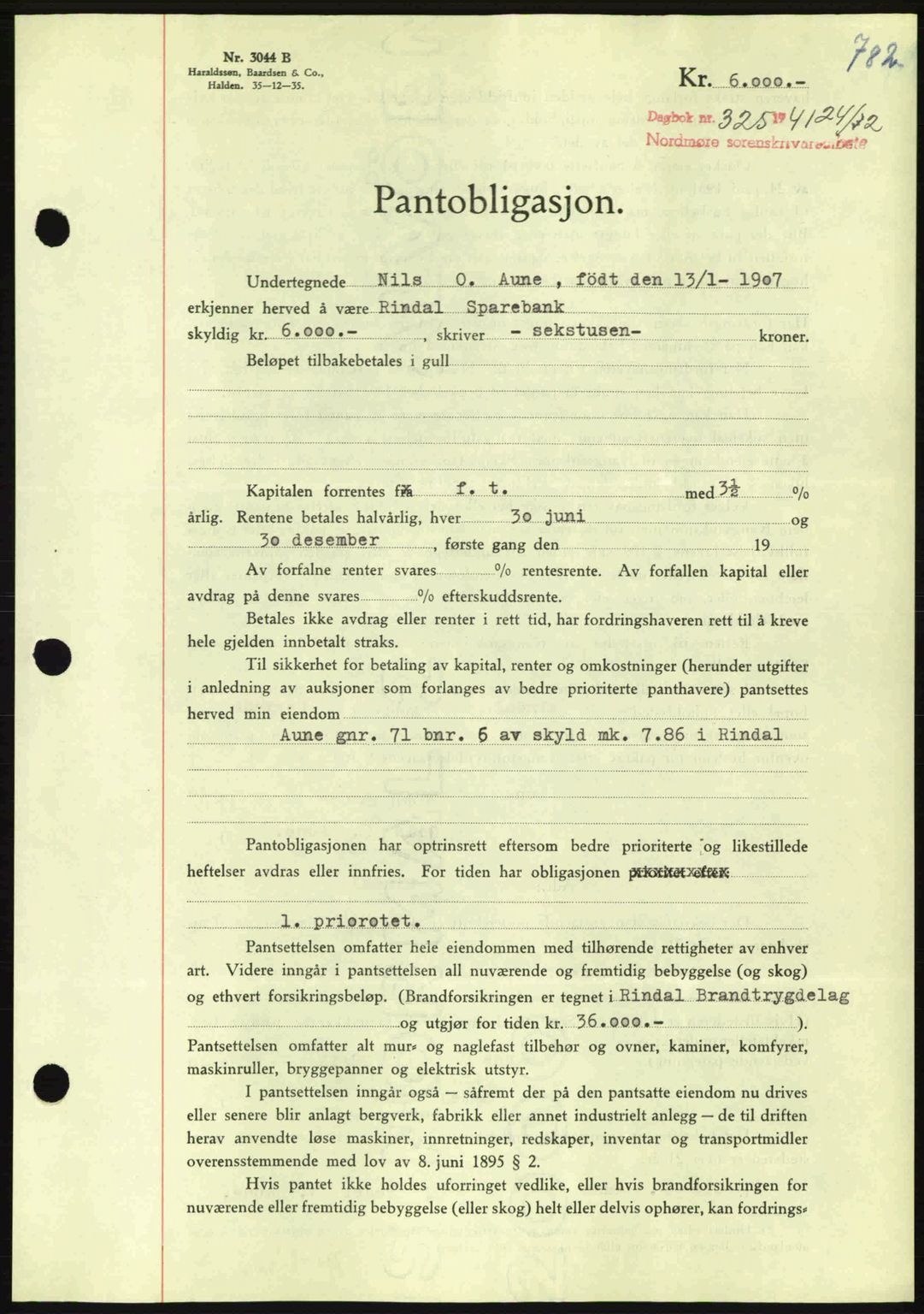 Nordmøre sorenskriveri, AV/SAT-A-4132/1/2/2Ca: Mortgage book no. B87, 1940-1941, Diary no: : 325/1941