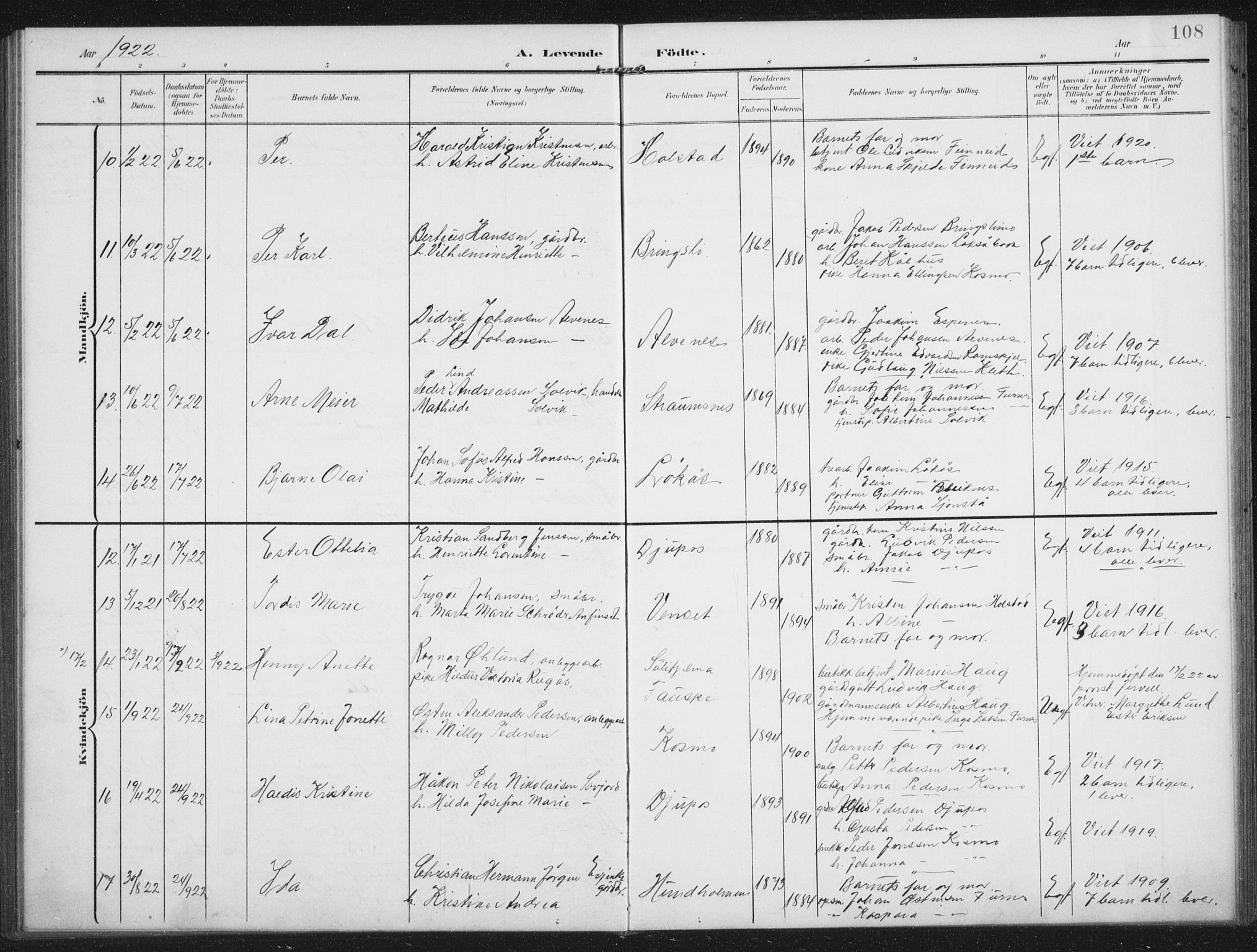 Ministerialprotokoller, klokkerbøker og fødselsregistre - Nordland, AV/SAT-A-1459/851/L0726: Parish register (copy) no. 851C01, 1902-1924, p. 108