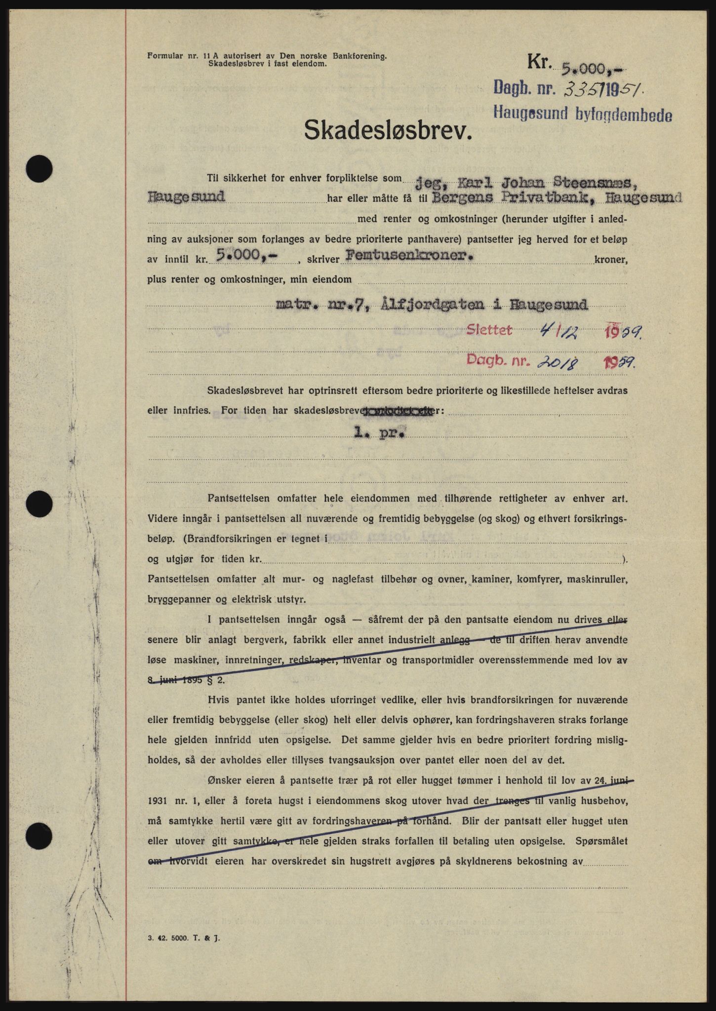 Haugesund tingrett, AV/SAST-A-101415/01/II/IIC/L0038: Mortgage book no. B 38, 1950-1951, Diary no: : 335/1951