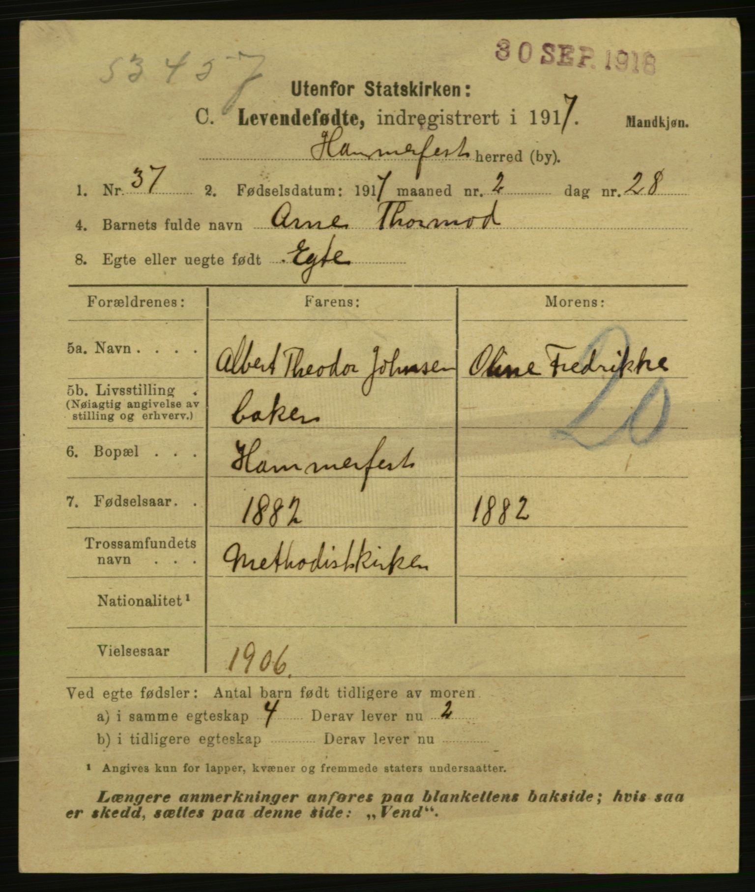 Statistisk sentralbyrå, Sosiodemografiske emner, Befolkning, RA/S-2228/E/L0015: Fødte, gifte, døde dissentere., 1917, p. 1585