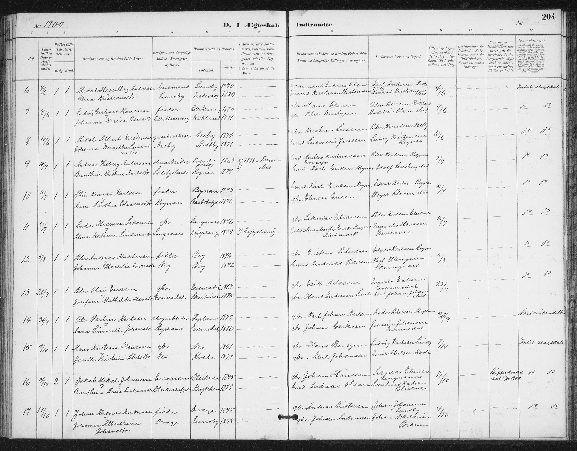 Ministerialprotokoller, klokkerbøker og fødselsregistre - Nordland, AV/SAT-A-1459/847/L0682: Parish register (copy) no. 847C10, 1889-1907, p. 204