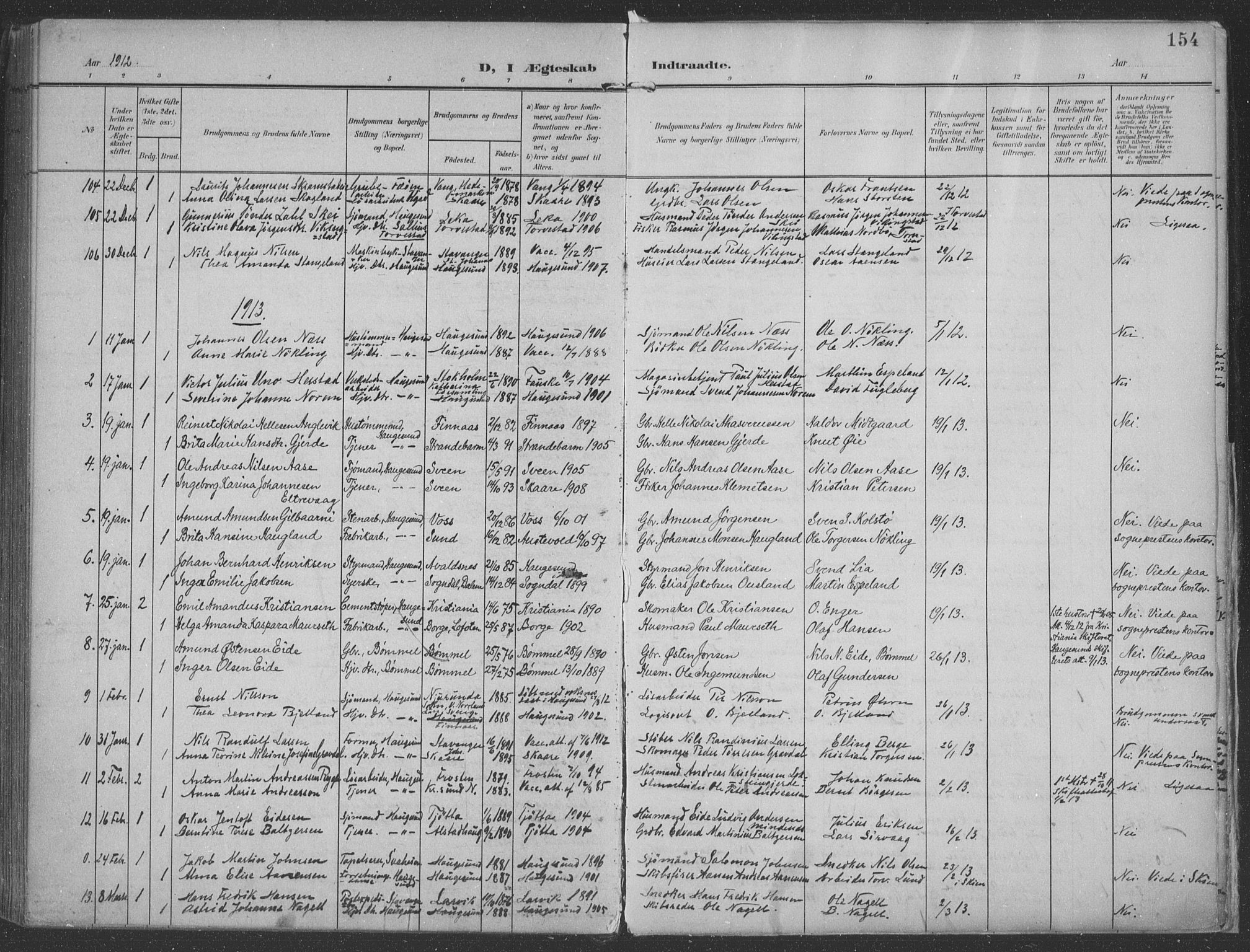 Haugesund sokneprestkontor, SAST/A -101863/H/Ha/Haa/L0007: Parish register (official) no. A 7, 1904-1916, p. 154
