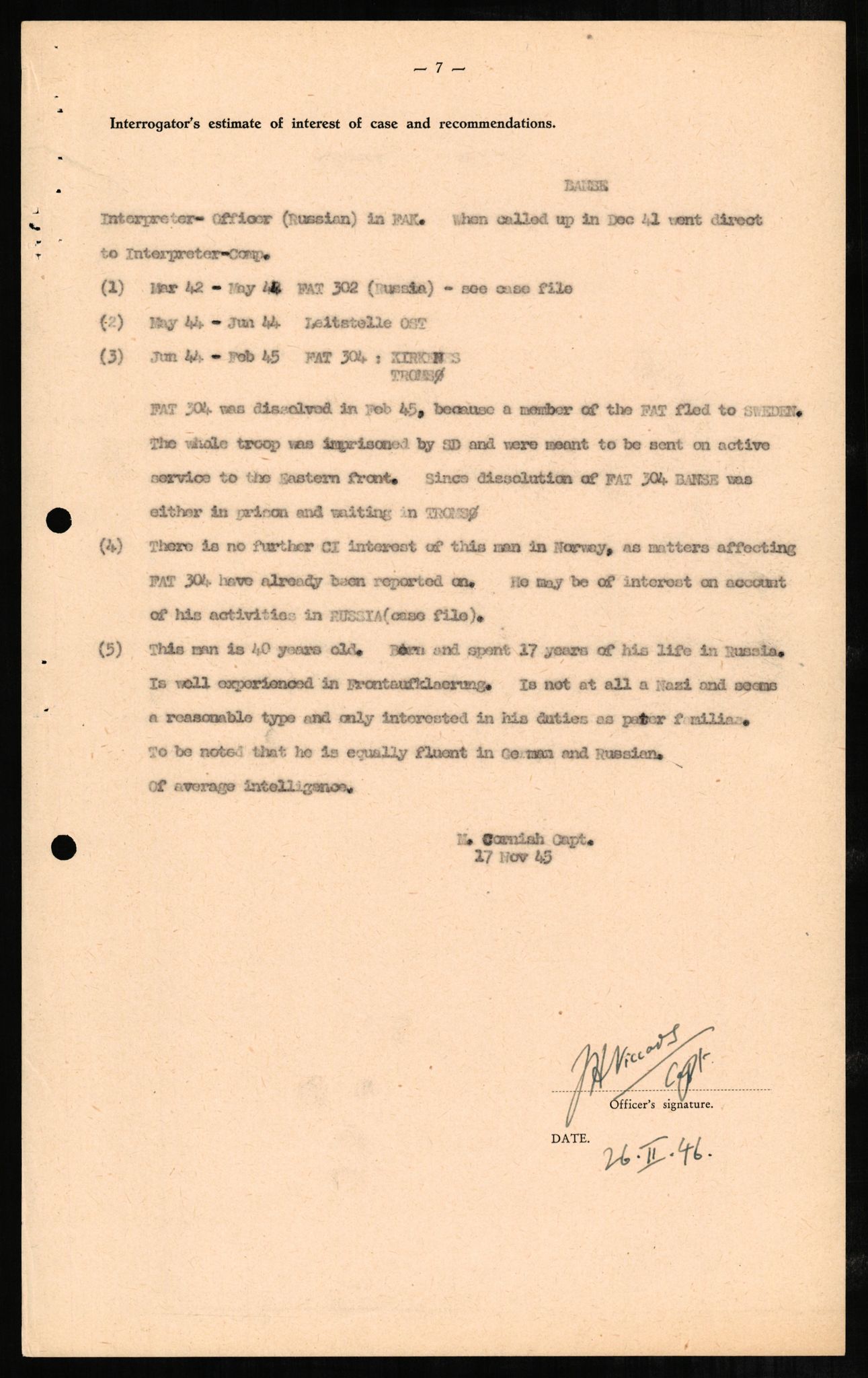 Forsvaret, Forsvarets overkommando II, AV/RA-RAFA-3915/D/Db/L0002: CI Questionaires. Tyske okkupasjonsstyrker i Norge. Tyskere., 1945-1946, p. 59