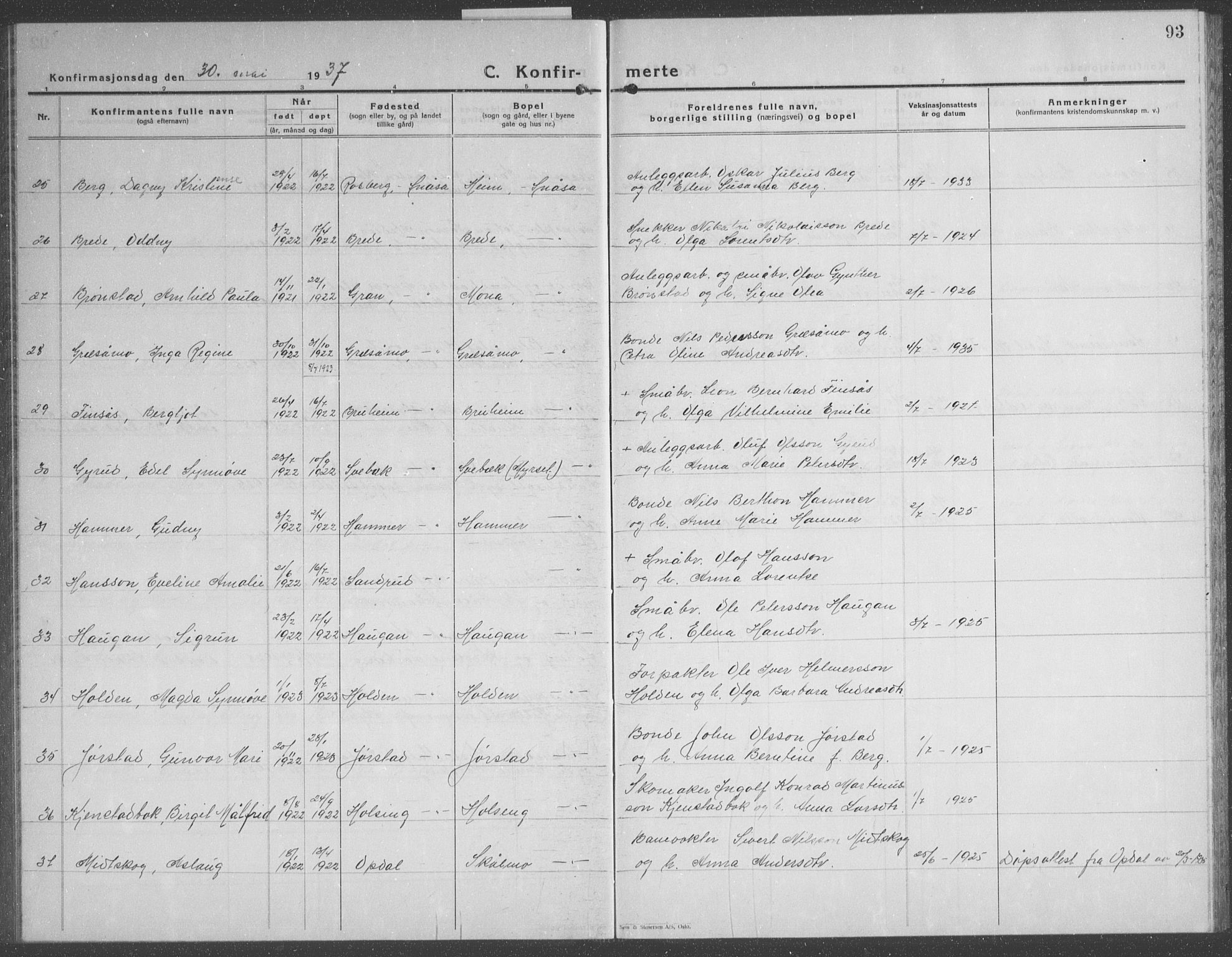 Ministerialprotokoller, klokkerbøker og fødselsregistre - Nord-Trøndelag, AV/SAT-A-1458/749/L0481: Parish register (copy) no. 749C03, 1933-1945, p. 93