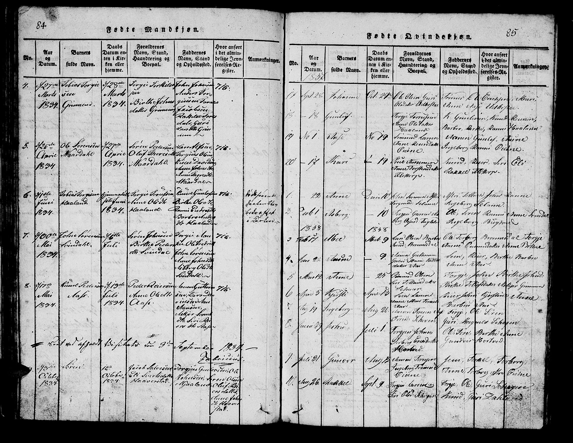 Bjelland sokneprestkontor, AV/SAK-1111-0005/F/Fb/Fbc/L0001: Parish register (copy) no. B 1, 1815-1870, p. 84-85