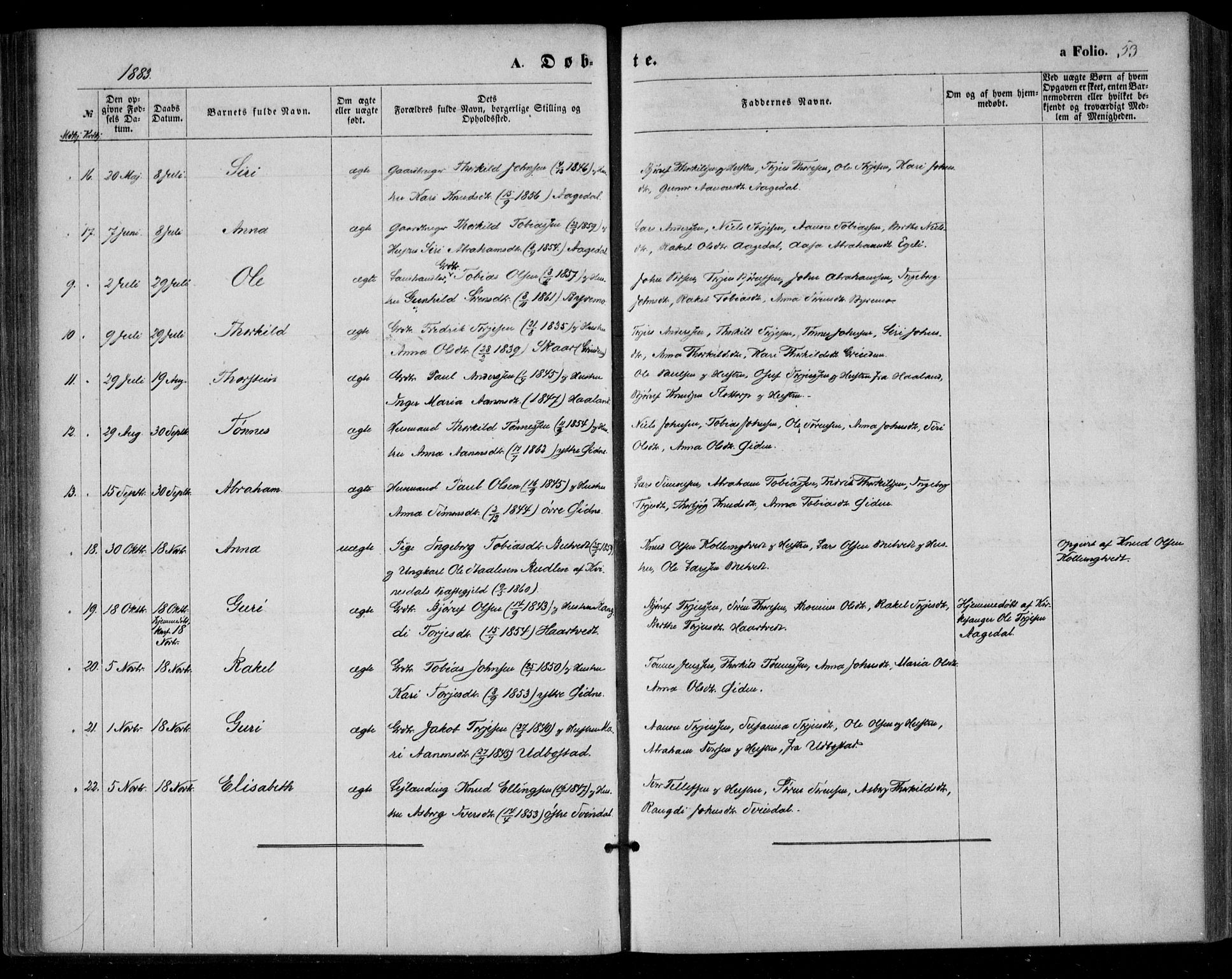 Bjelland sokneprestkontor, SAK/1111-0005/F/Fa/Fac/L0002: Parish register (official) no. A 2, 1866-1887, p. 53