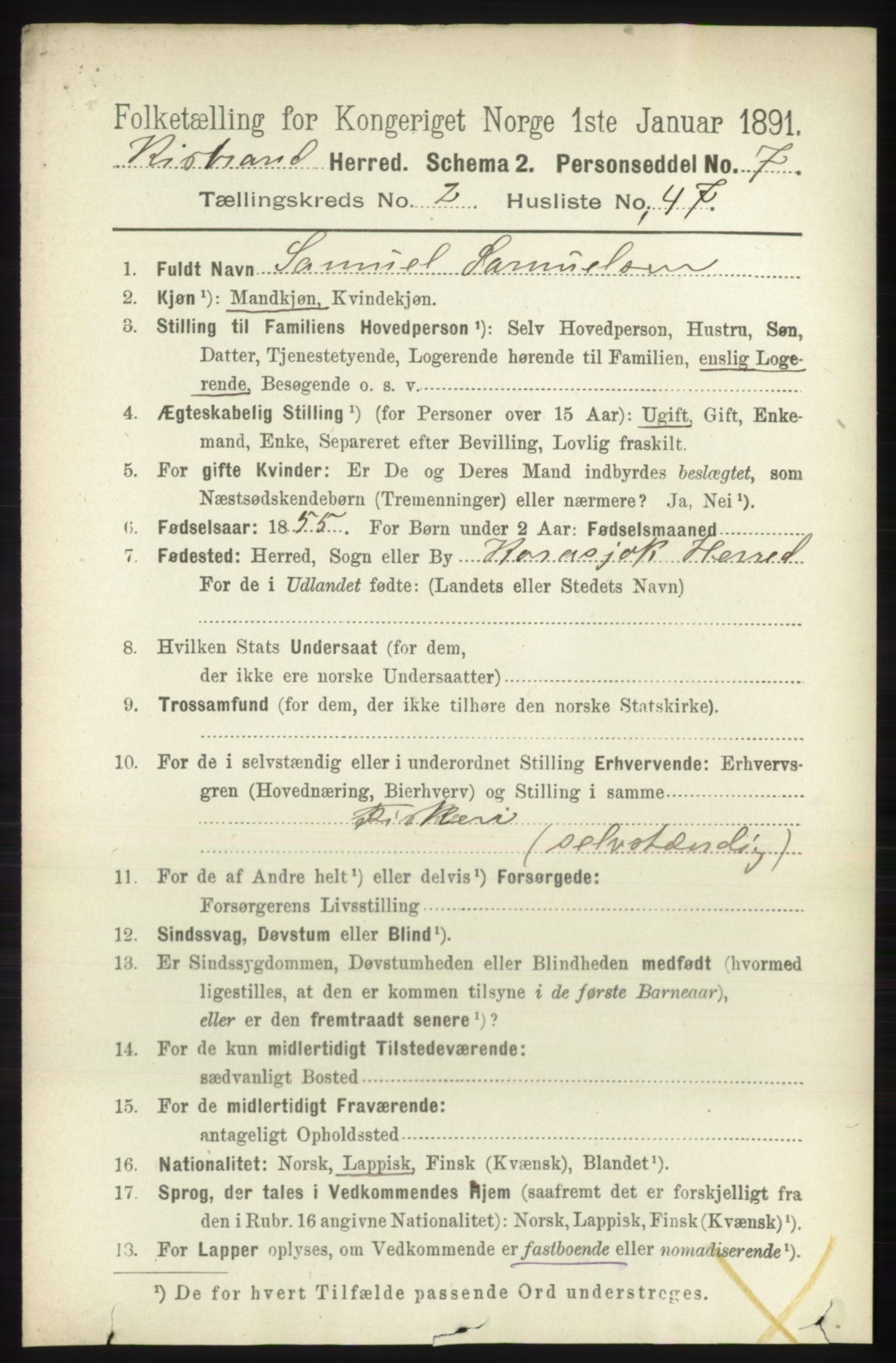 RA, 1891 census for 2020 Kistrand, 1891, p. 858
