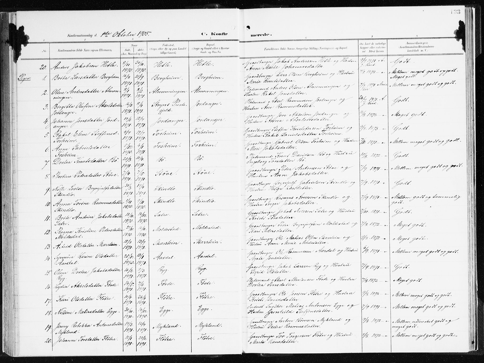 Gloppen sokneprestembete, AV/SAB-A-80101/H/Haa/Haac/L0003: Parish register (official) no. C 3, 1904-1921, p. 133