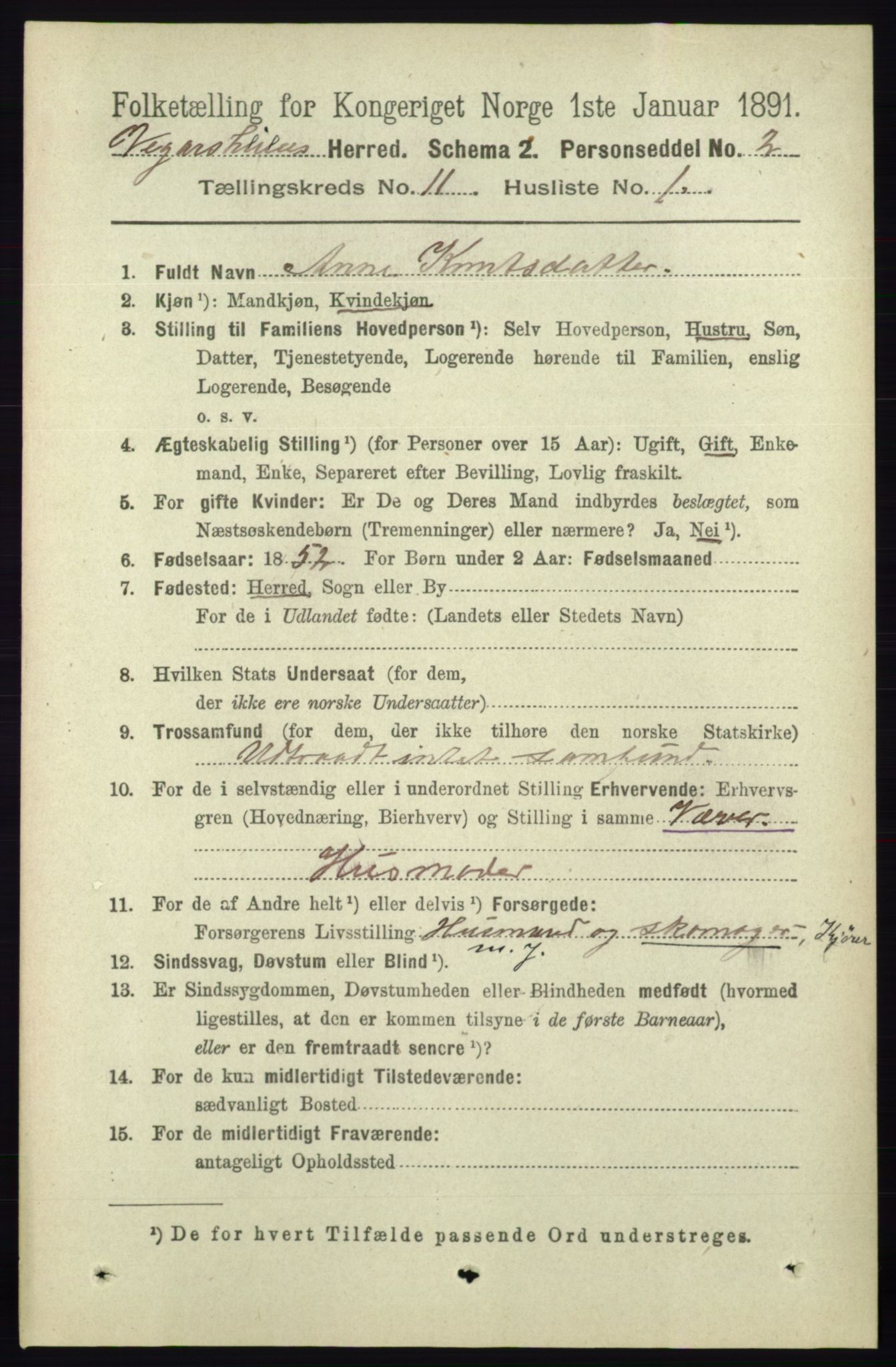 RA, 1891 census for 0912 Vegårshei, 1891, p. 2191