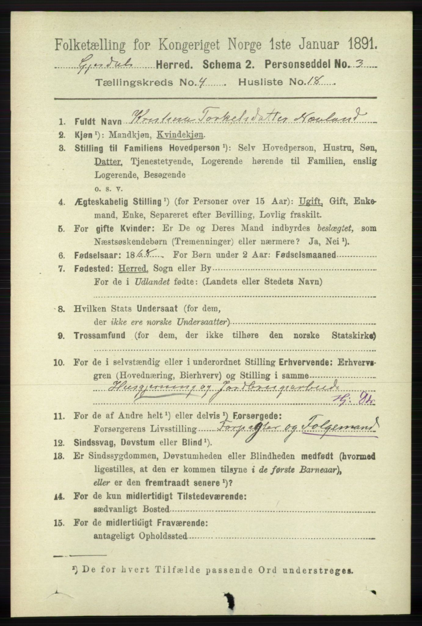 RA, 1891 census for 1122 Gjesdal, 1891, p. 1324