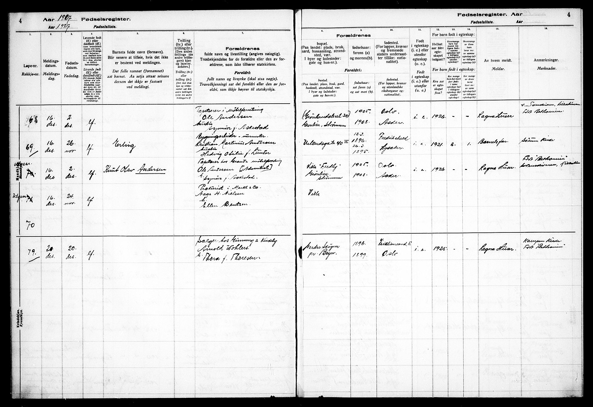 Gamle Aker prestekontor Kirkebøker, AV/SAO-A-10617a/J/L0002: Birth register no. 2, 1927-1935, p. 4