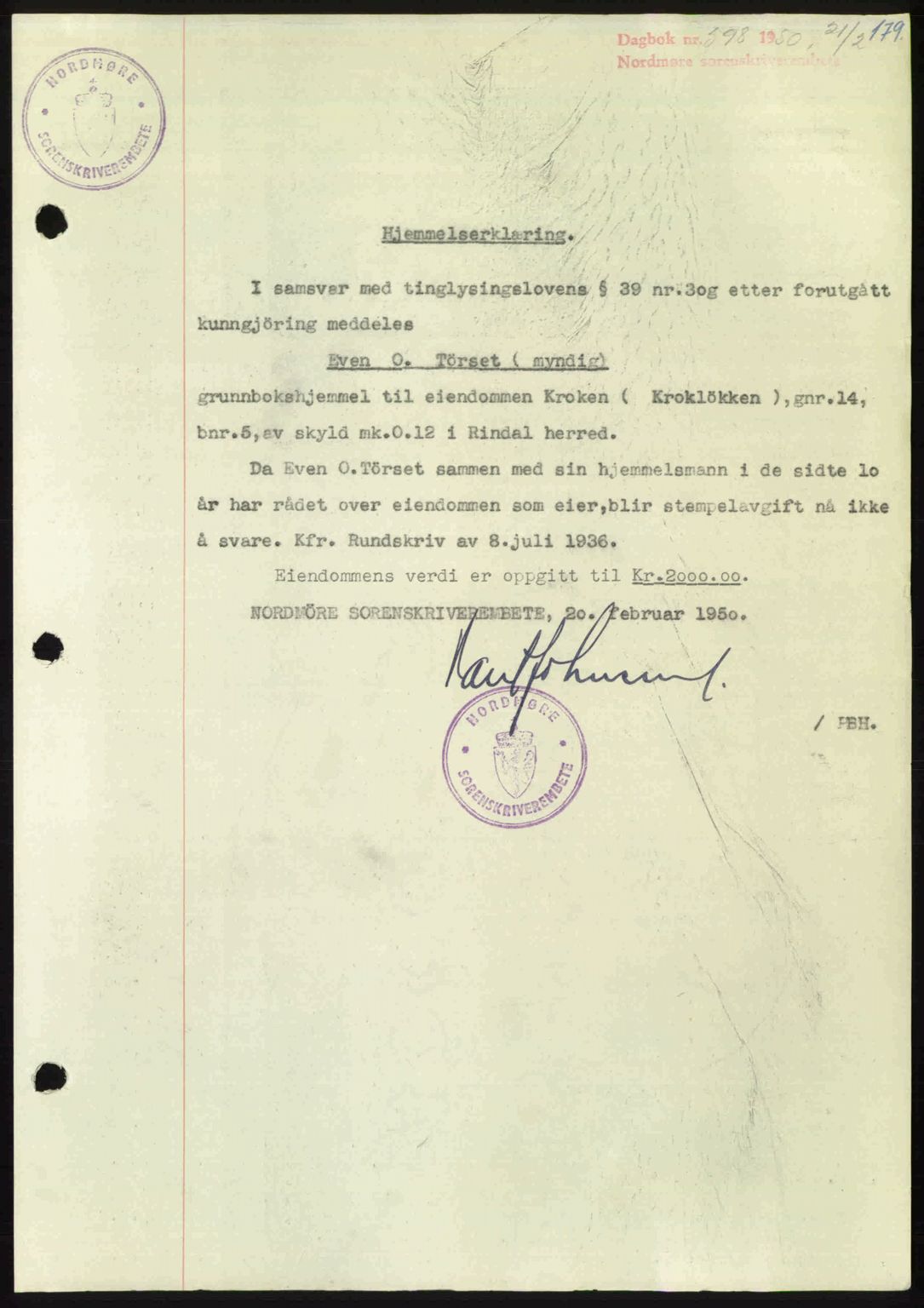 Nordmøre sorenskriveri, AV/SAT-A-4132/1/2/2Ca: Mortgage book no. A114, 1950-1950, Diary no: : 598/1950