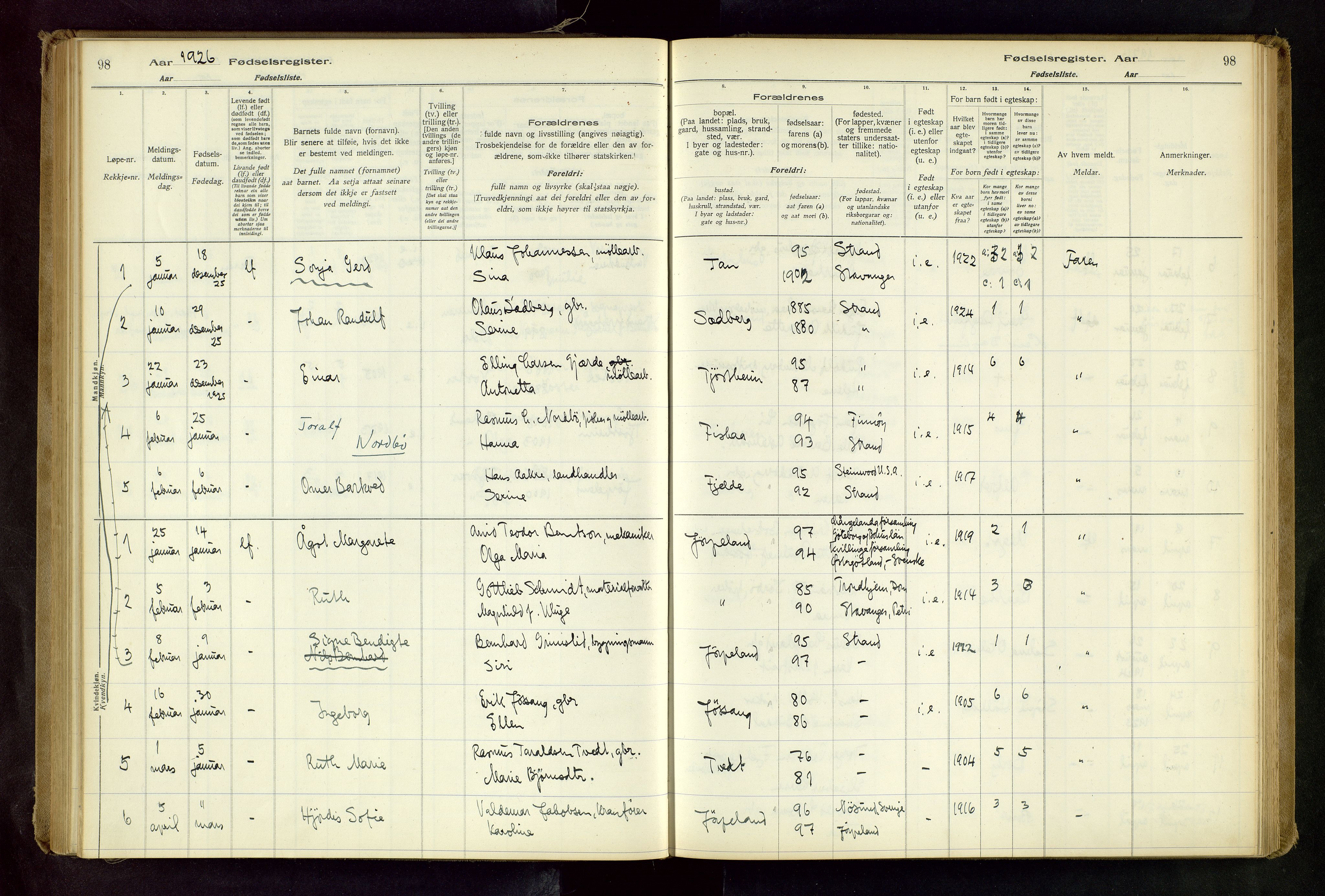 Strand sokneprestkontor, SAST/A-101828/I/Id/L0001: Birth register no. 1, 1916-1938, p. 98