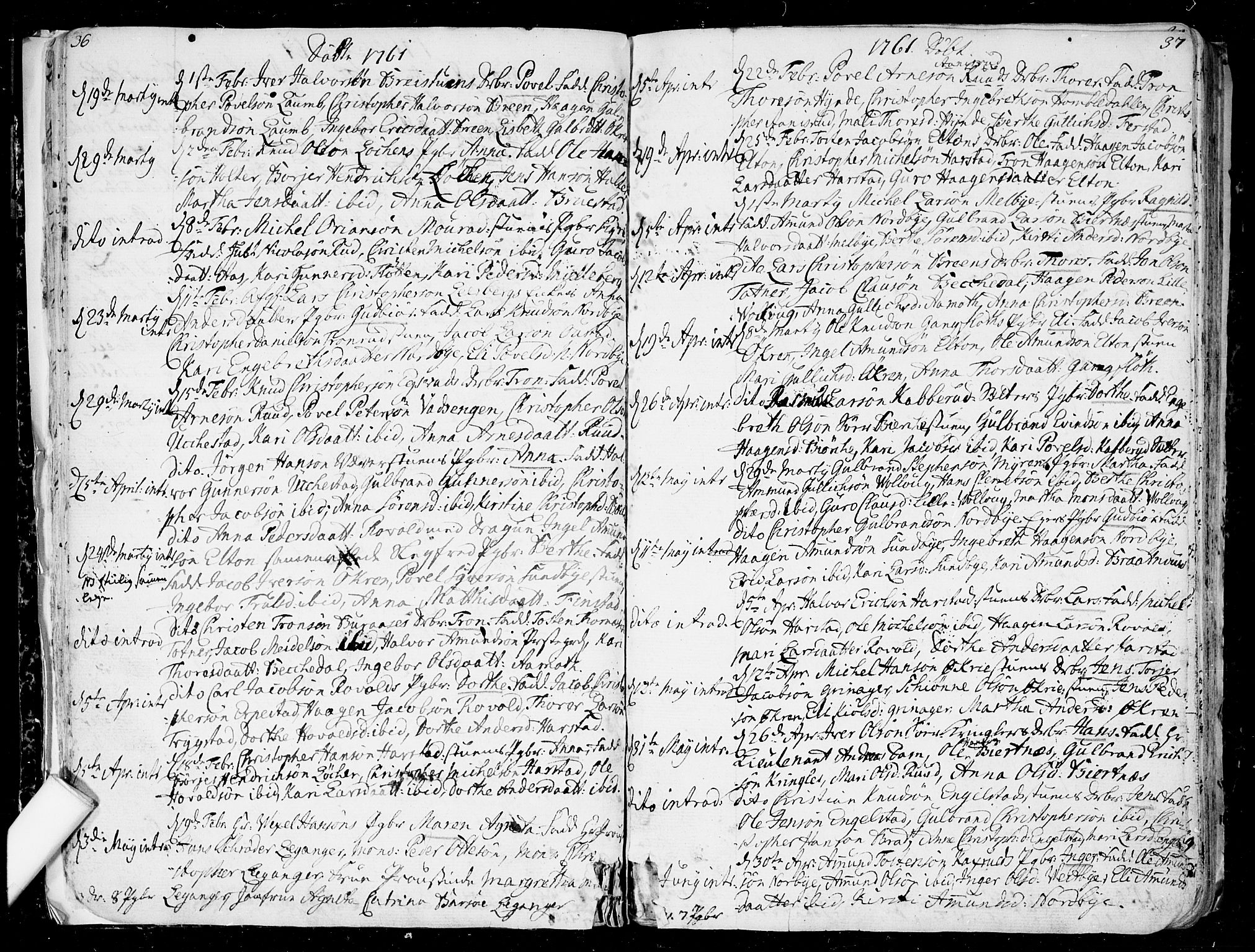 Nannestad prestekontor Kirkebøker, SAO/A-10414a/F/Fa/L0007: Parish register (official) no. I 7, 1754-1791, p. 36-37