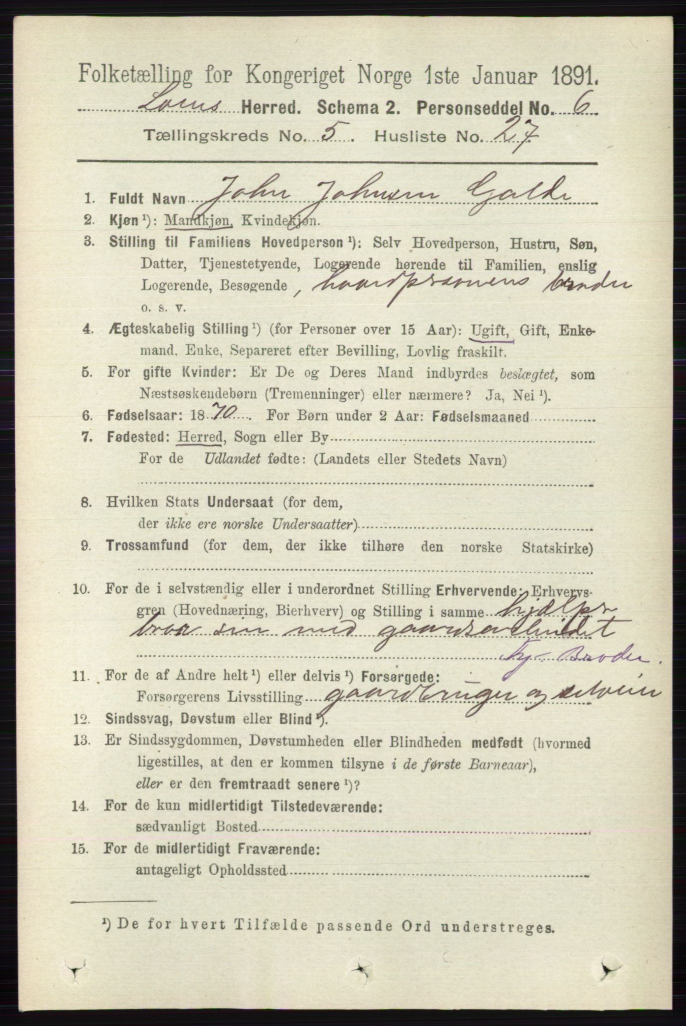 RA, 1891 census for 0514 Lom, 1891, p. 2013