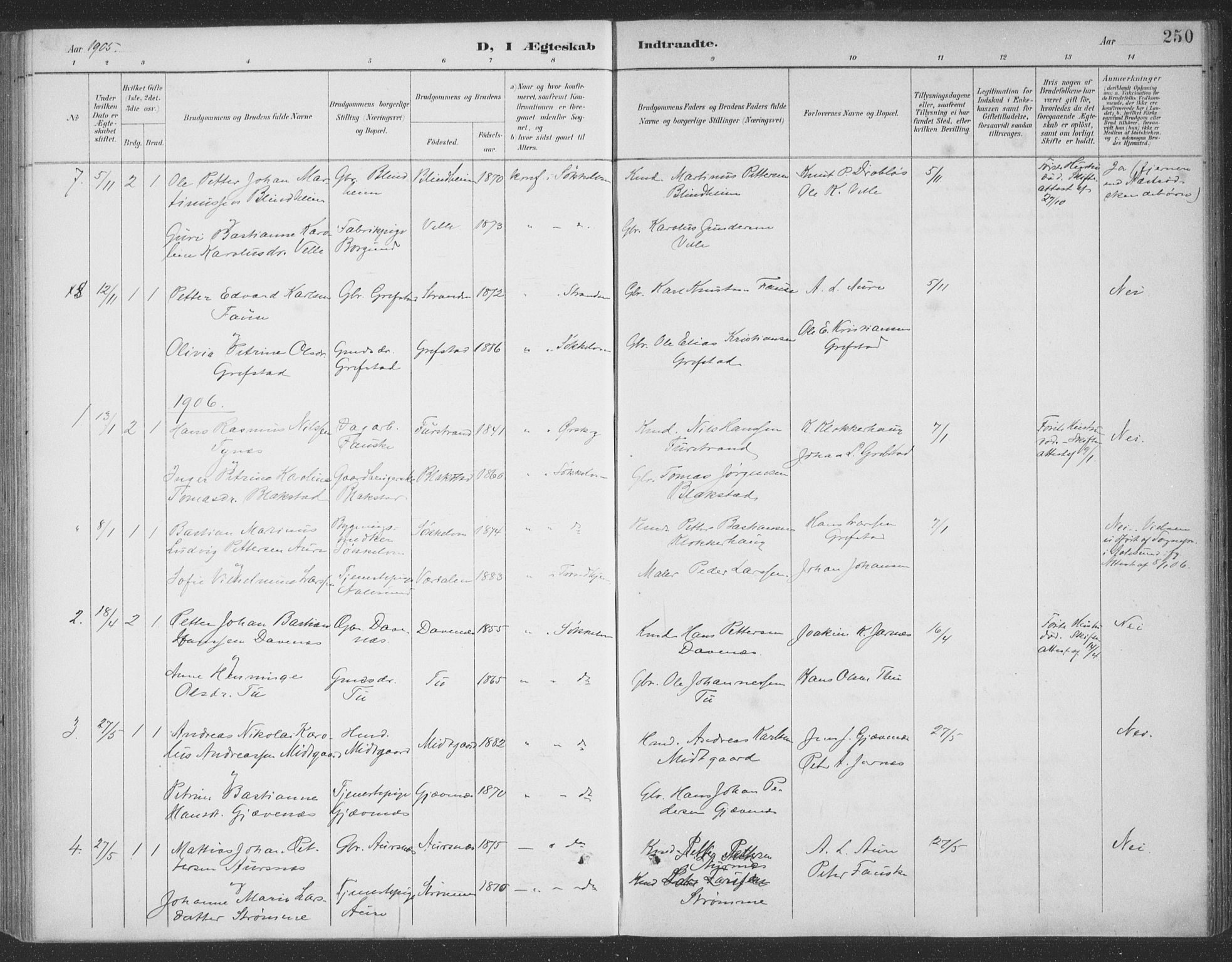 Ministerialprotokoller, klokkerbøker og fødselsregistre - Møre og Romsdal, SAT/A-1454/523/L0335: Parish register (official) no. 523A02, 1891-1911, p. 250