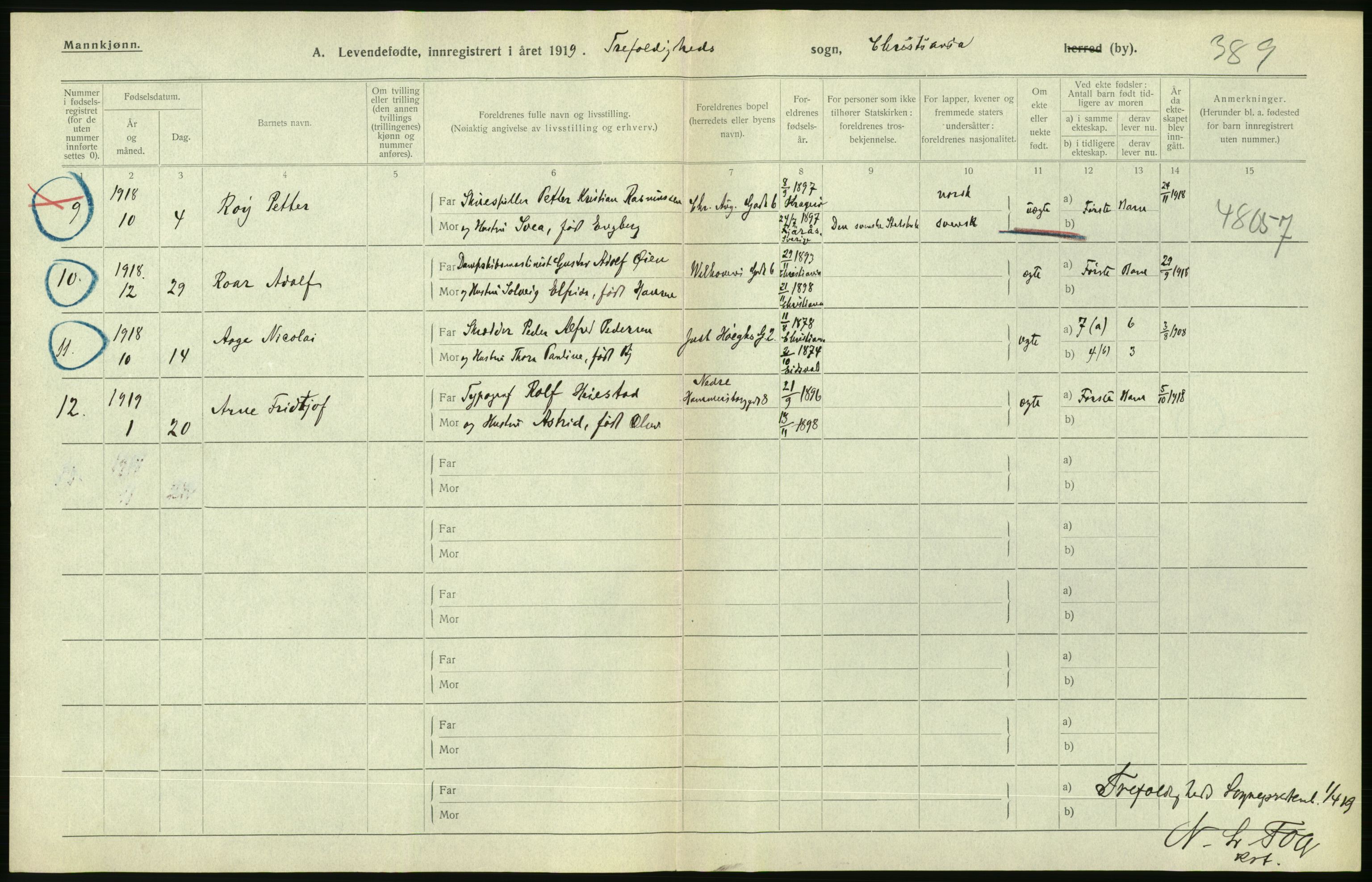 Statistisk sentralbyrå, Sosiodemografiske emner, Befolkning, AV/RA-S-2228/D/Df/Dfb/Dfbi/L0007: Kristiania: Levendefødte menn og kvinner., 1919, p. 320