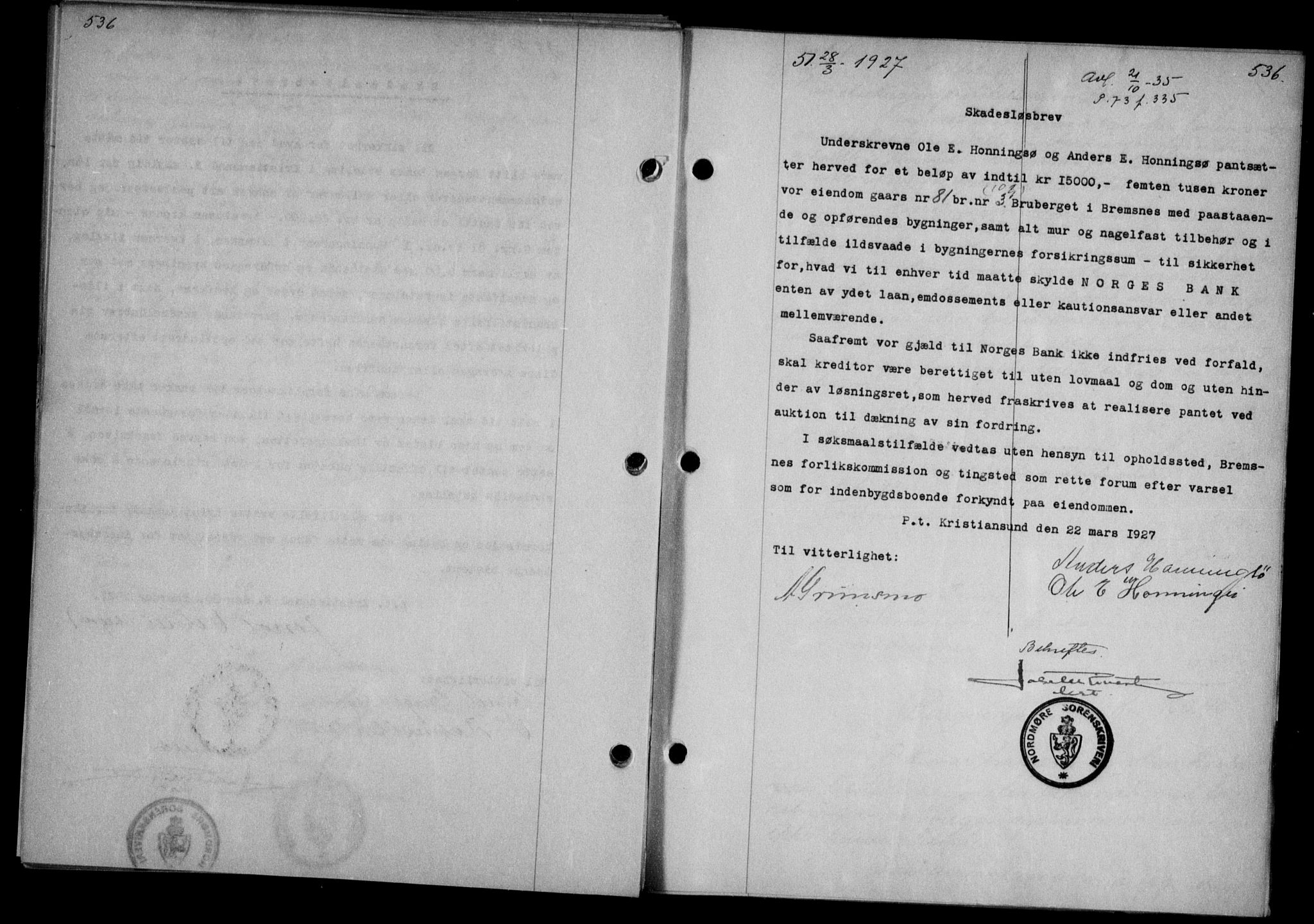 Nordmøre sorenskriveri, AV/SAT-A-4132/1/2/2Ca/L0061: Mortgage book no. 51, 1926-1927, Deed date: 28.03.1927