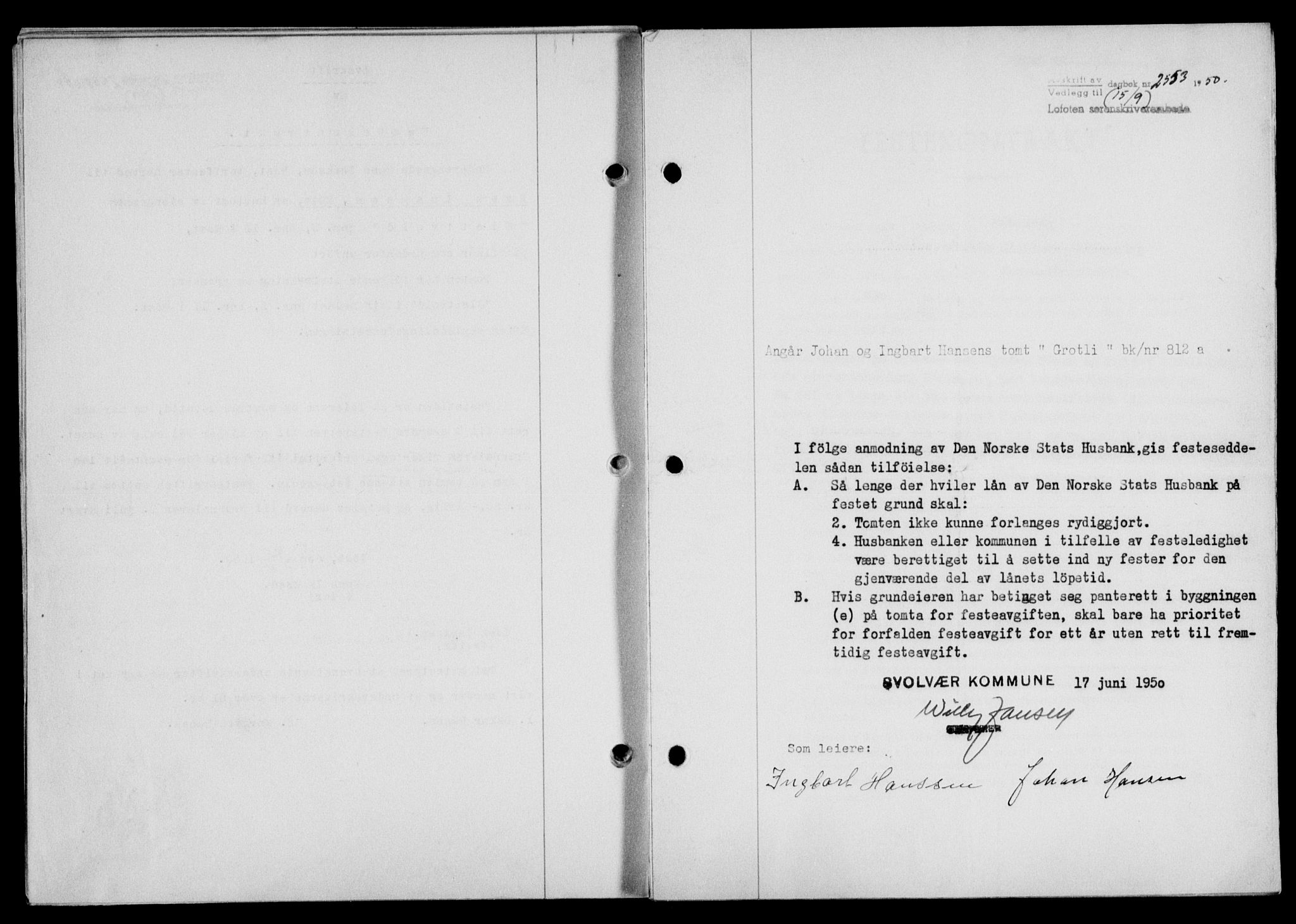 Lofoten sorenskriveri, SAT/A-0017/1/2/2C/L0024a: Mortgage book no. 24a, 1950-1950, Diary no: : 2553/1950