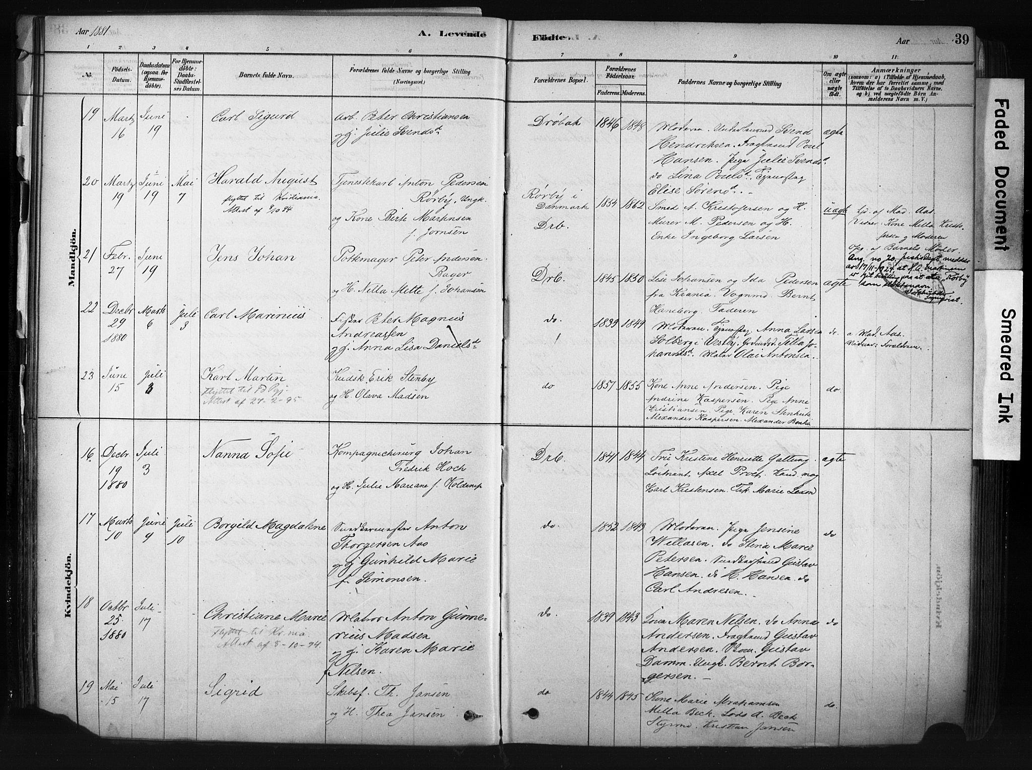 Drøbak prestekontor Kirkebøker, SAO/A-10142a/F/Fb/L0001: Parish register (official) no. II 1, 1878-1891, p. 39