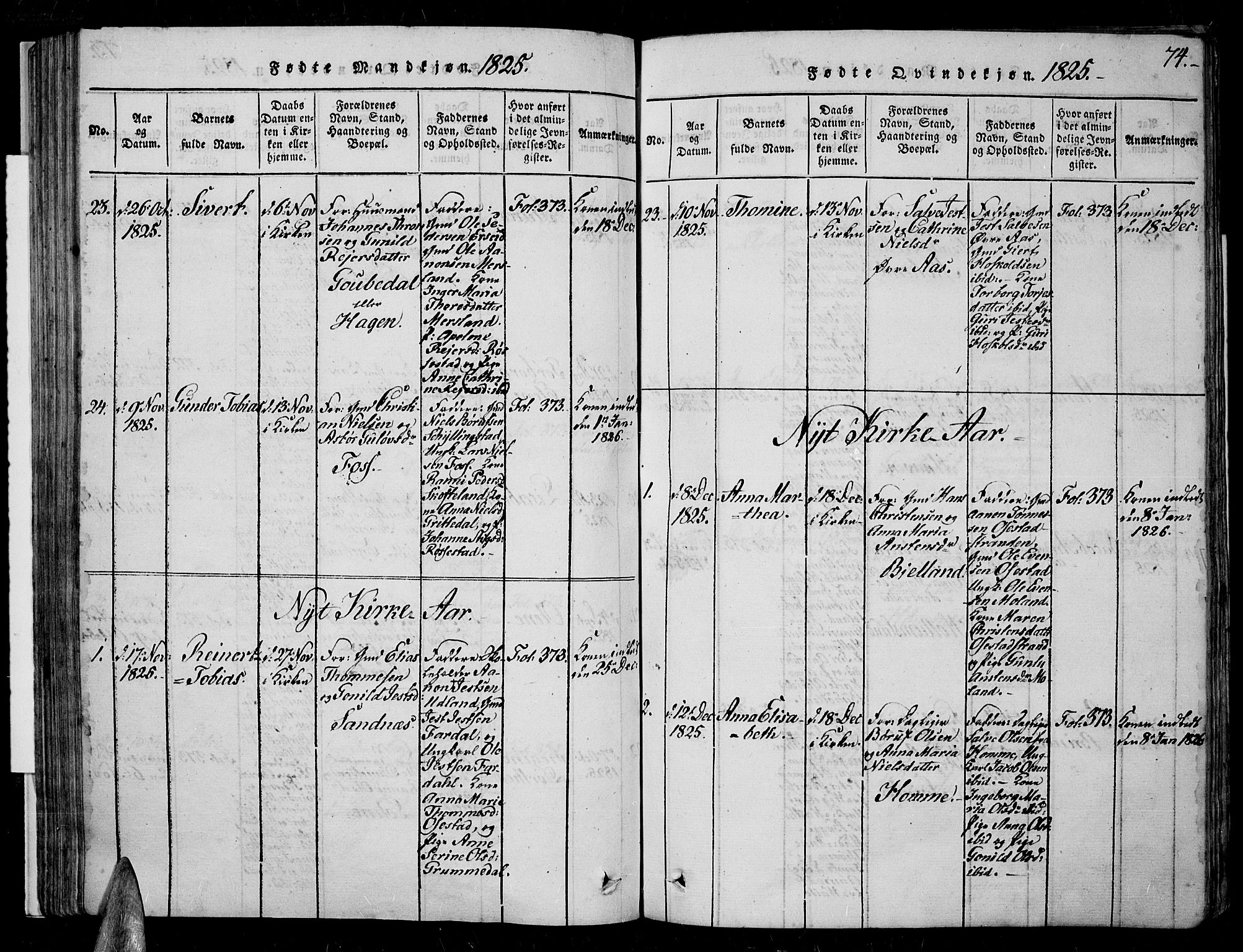 Sør-Audnedal sokneprestkontor, AV/SAK-1111-0039/F/Fa/Fab/L0005: Parish register (official) no. A 5, 1816-1830, p. 74