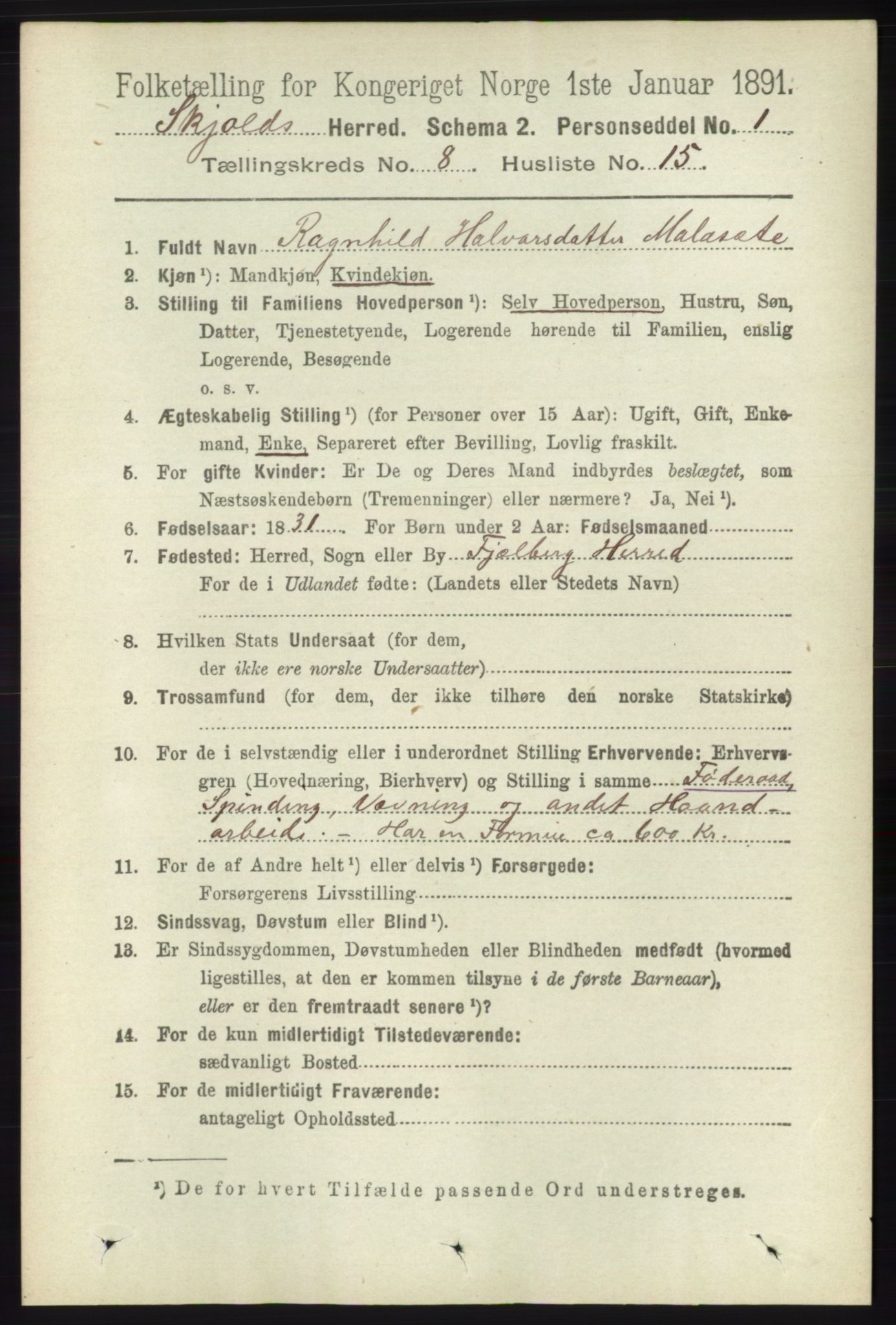 RA, 1891 census for 1154 Skjold, 1891, p. 1674