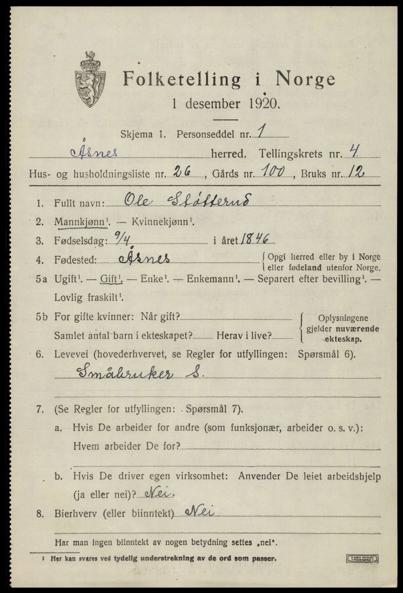 SAH, 1920 census for Åsnes, 1920, p. 5036