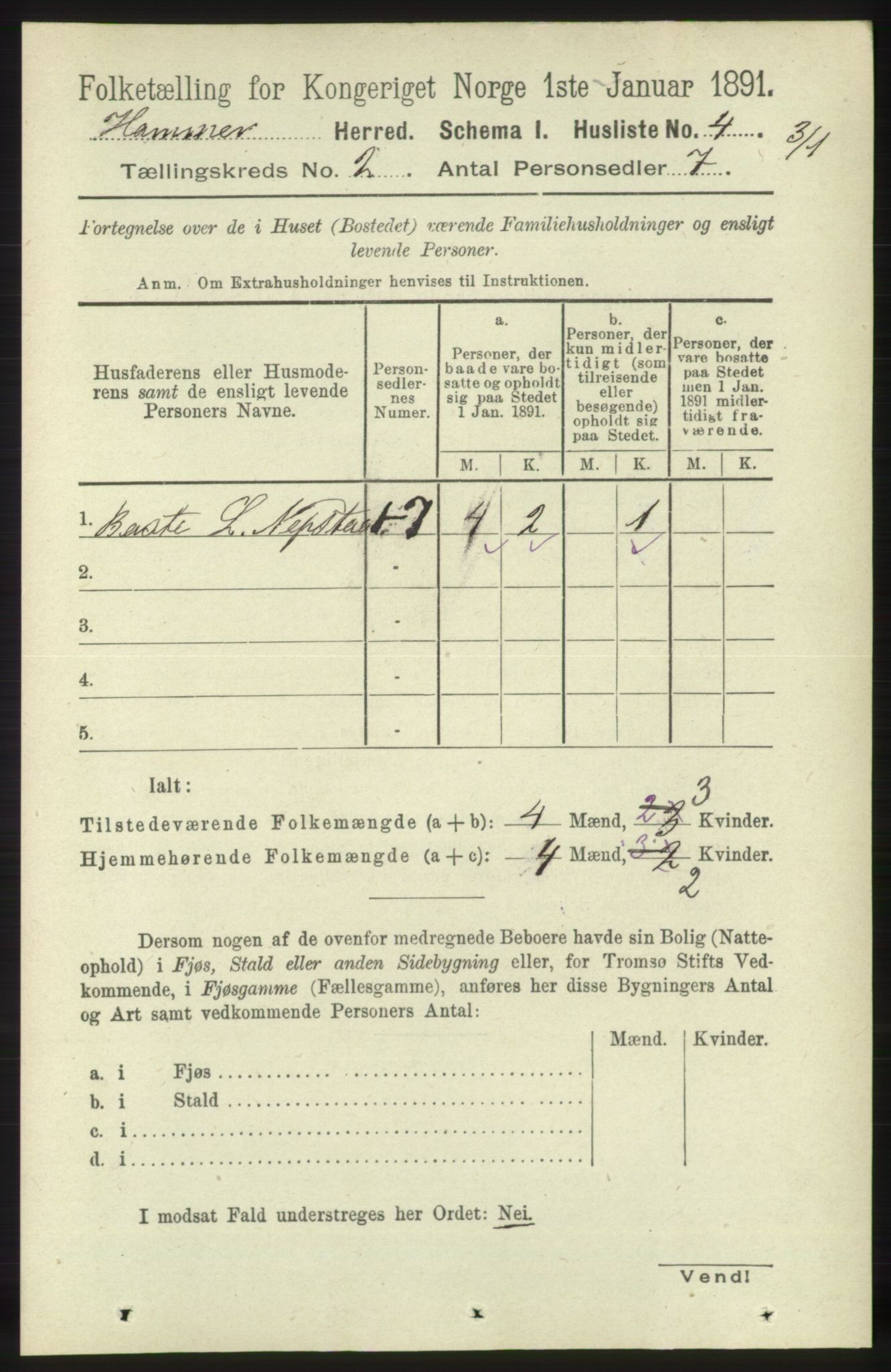 RA, 1891 census for 1254 Hamre, 1891, p. 190
