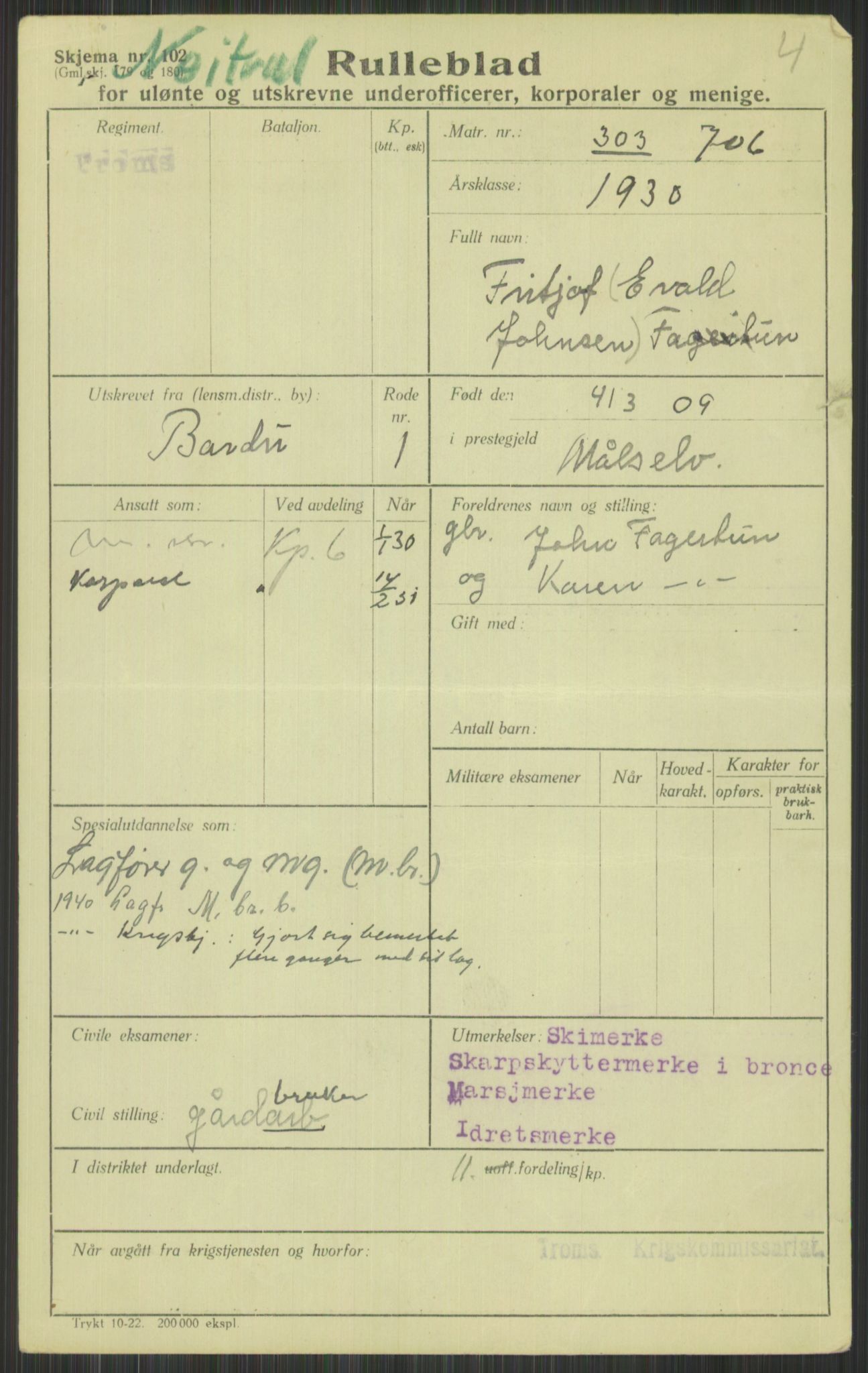 Forsvaret, Troms infanteriregiment nr. 16, AV/RA-RAFA-3146/P/Pa/L0014: Rulleblad for regimentets menige mannskaper, årsklasse 1930, 1930, p. 145