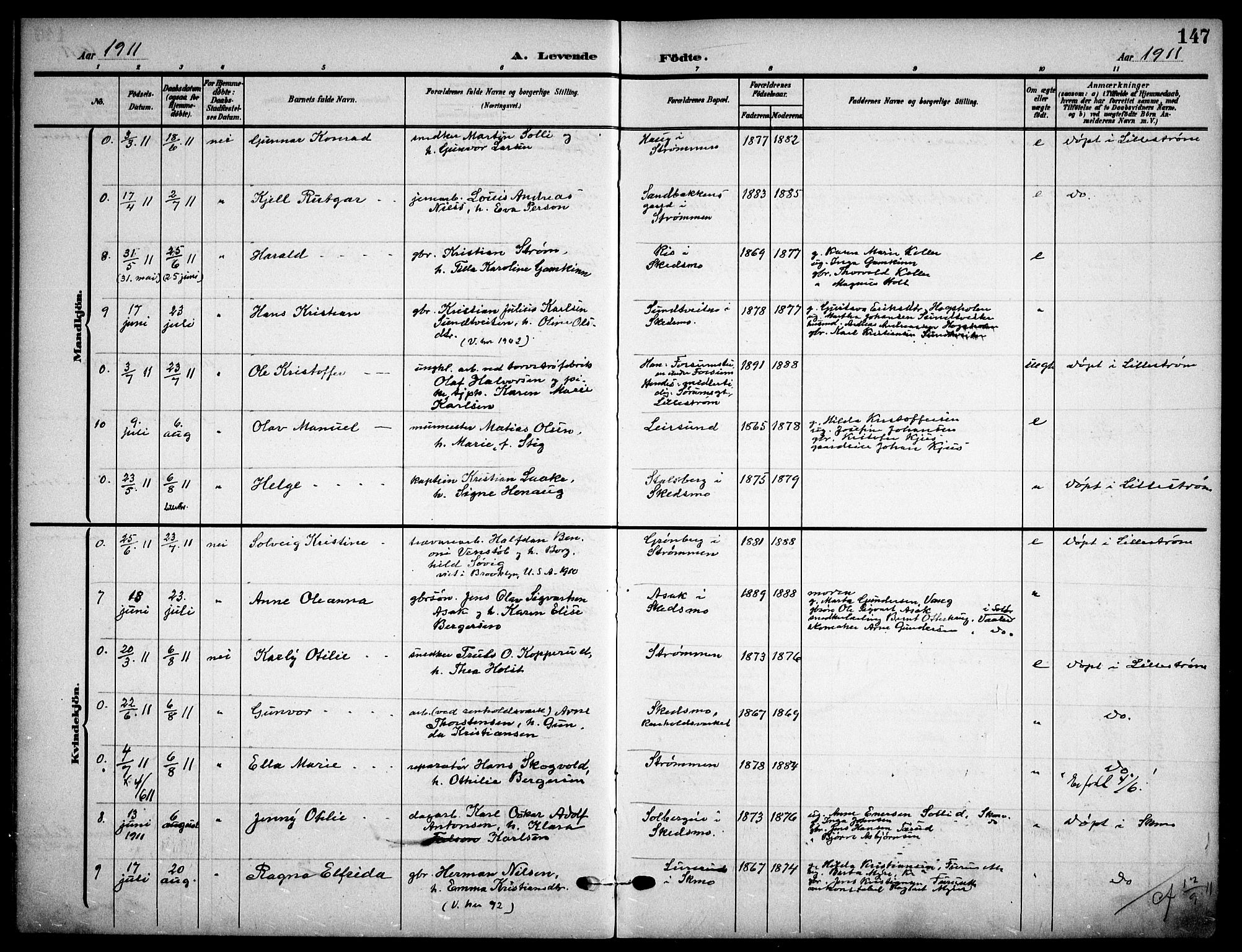 Skedsmo prestekontor Kirkebøker, AV/SAO-A-10033a/F/Fa/L0015: Parish register (official) no. I 15, 1902-1917, p. 147