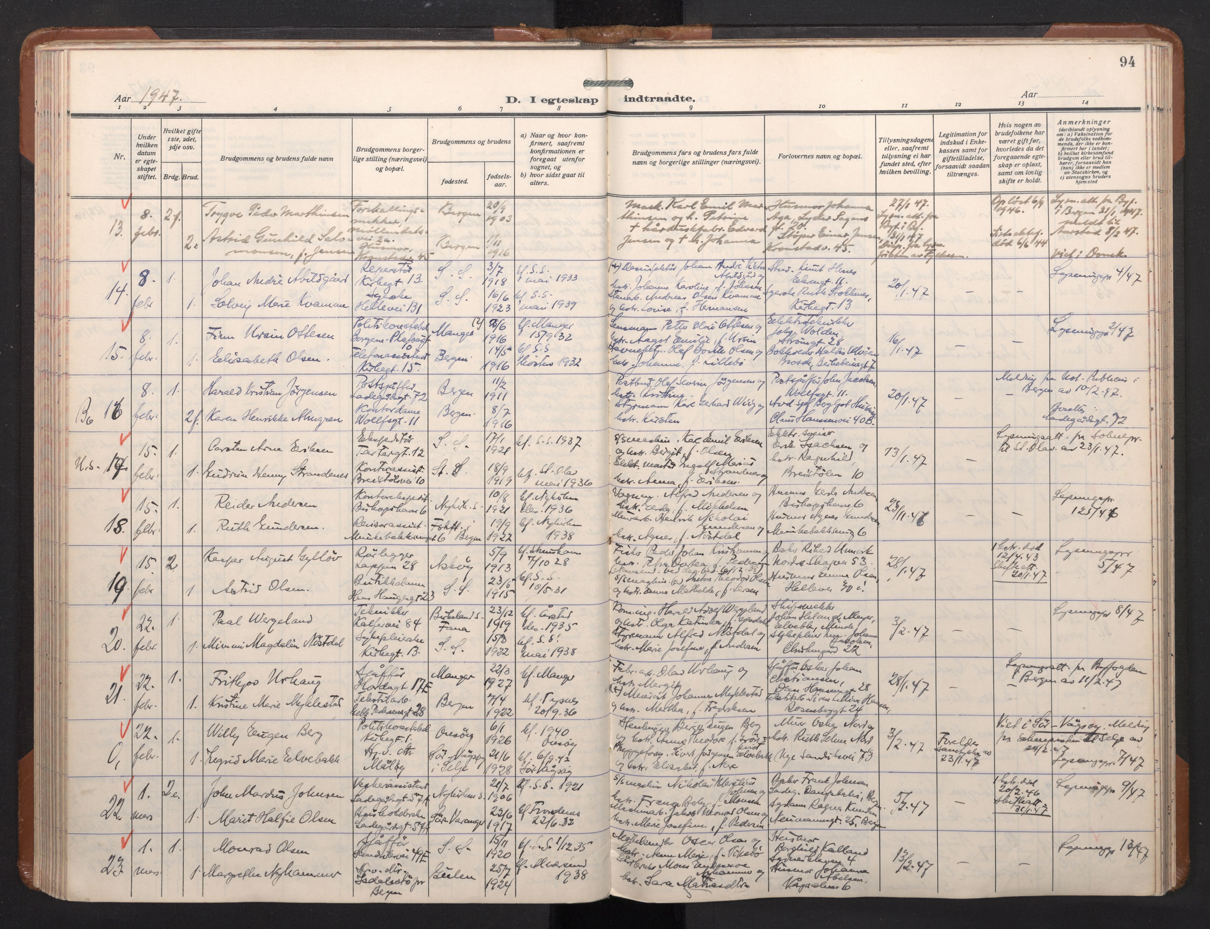 Sandviken Sokneprestembete, AV/SAB-A-77601/H/Ha/L0017: Parish register (official) no. D 4, 1940-1954, p. 94