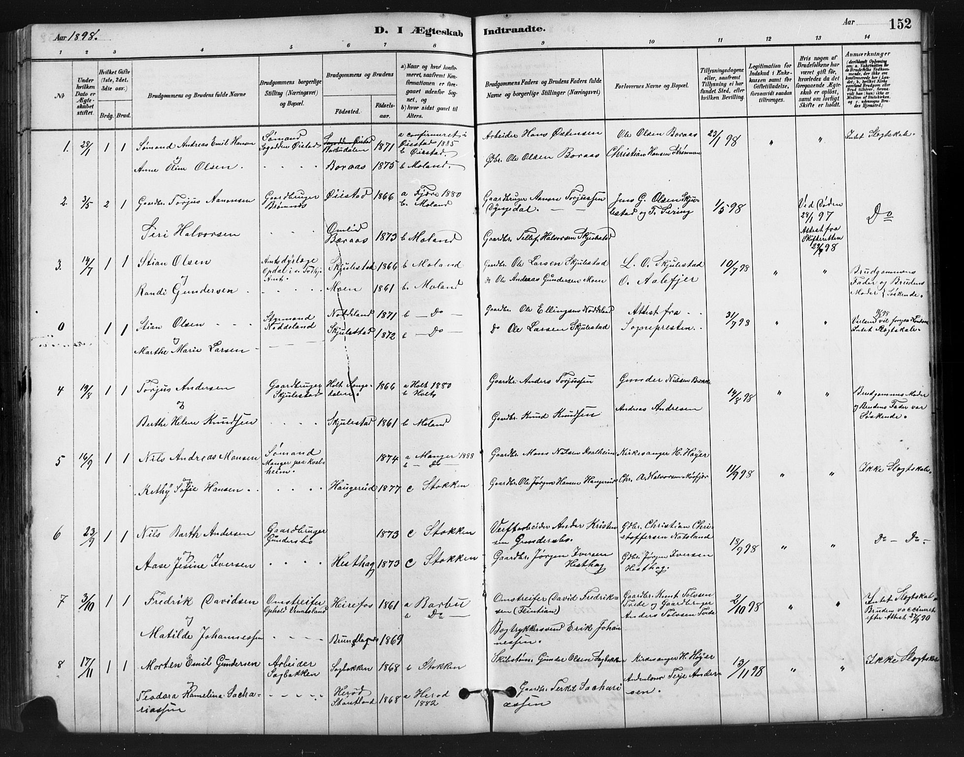 Austre Moland sokneprestkontor, AV/SAK-1111-0001/F/Fb/Fba/L0003: Parish register (copy) no. B 3, 1879-1914, p. 152