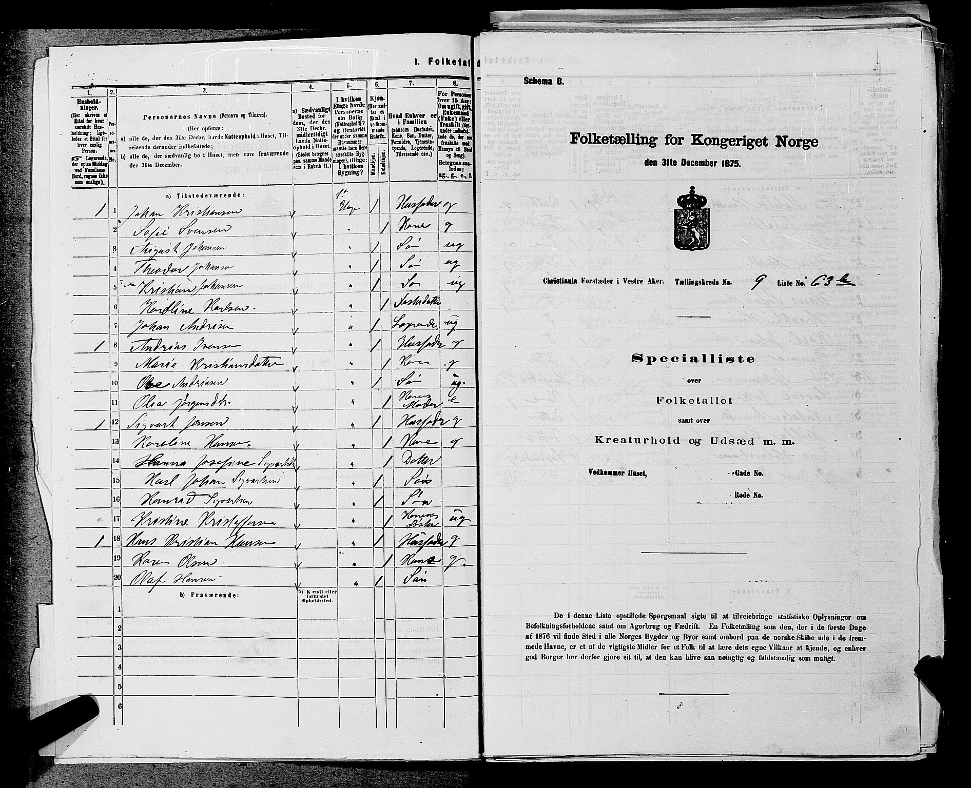 RA, 1875 census for 0218aP Vestre Aker, 1875, p. 1523