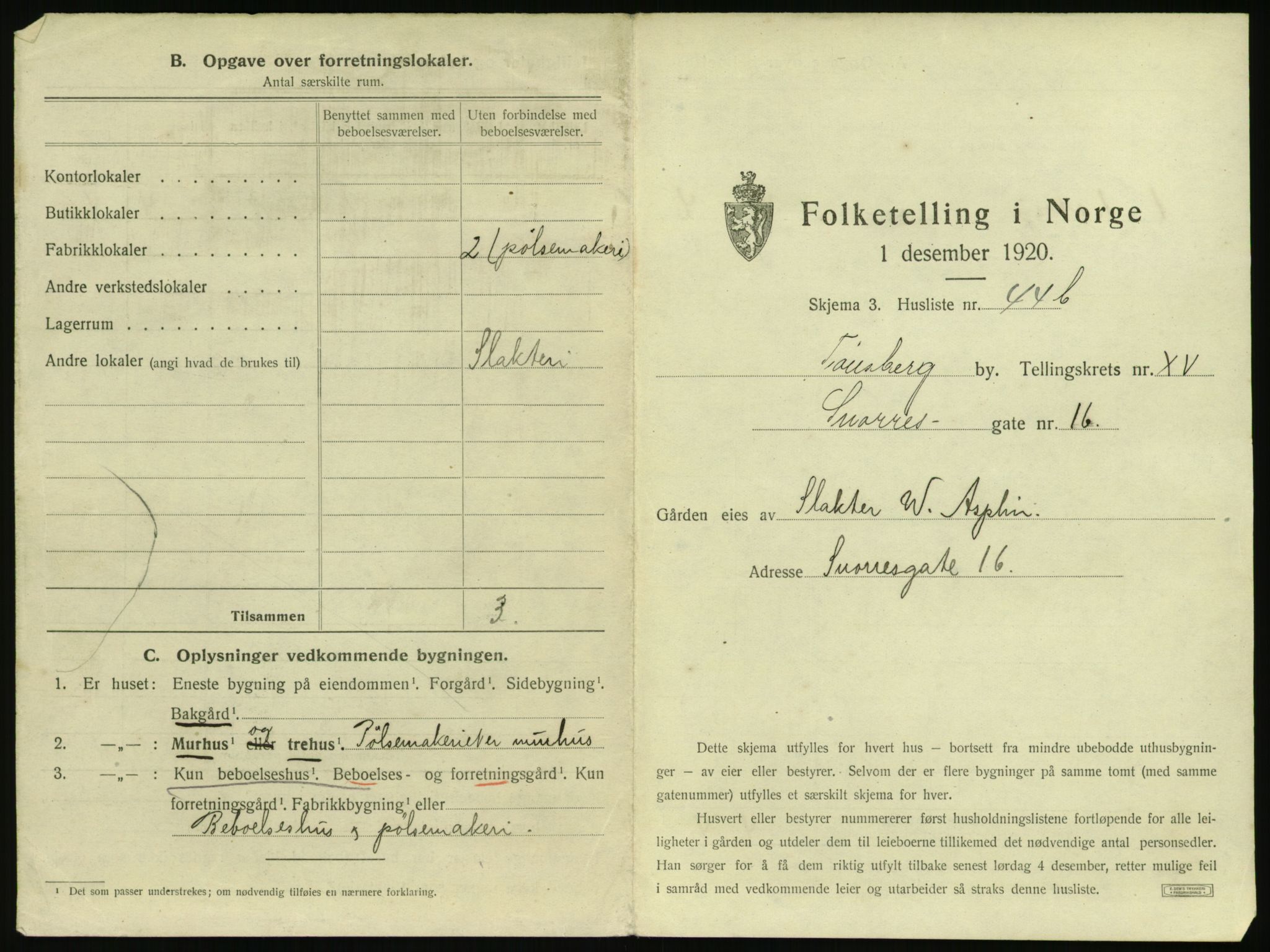 SAKO, 1920 census for Tønsberg, 1920, p. 1653