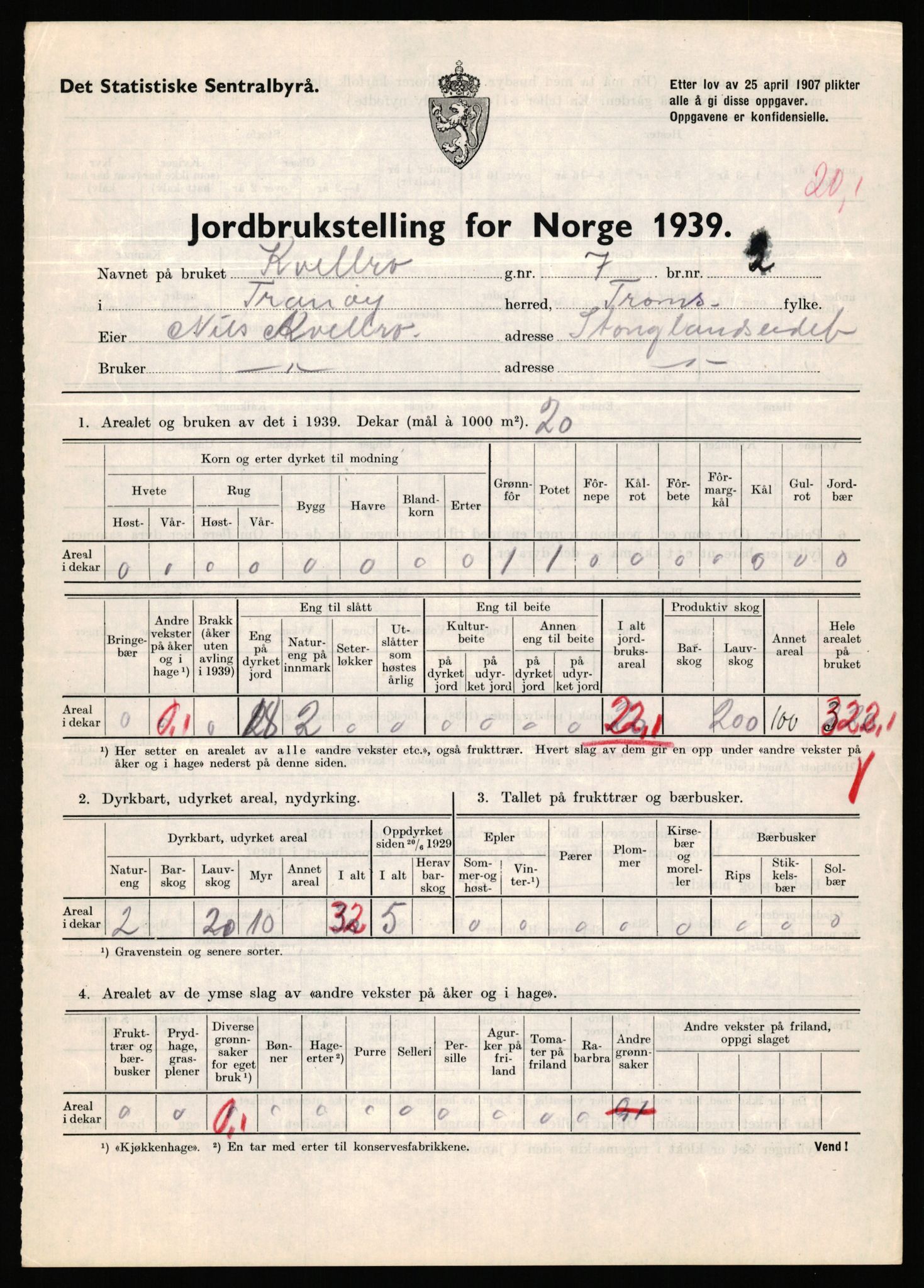 Statistisk sentralbyrå, Næringsøkonomiske emner, Jordbruk, skogbruk, jakt, fiske og fangst, AV/RA-S-2234/G/Gb/L0341: Troms: Sørreisa og Tranøy, 1939, p. 1140