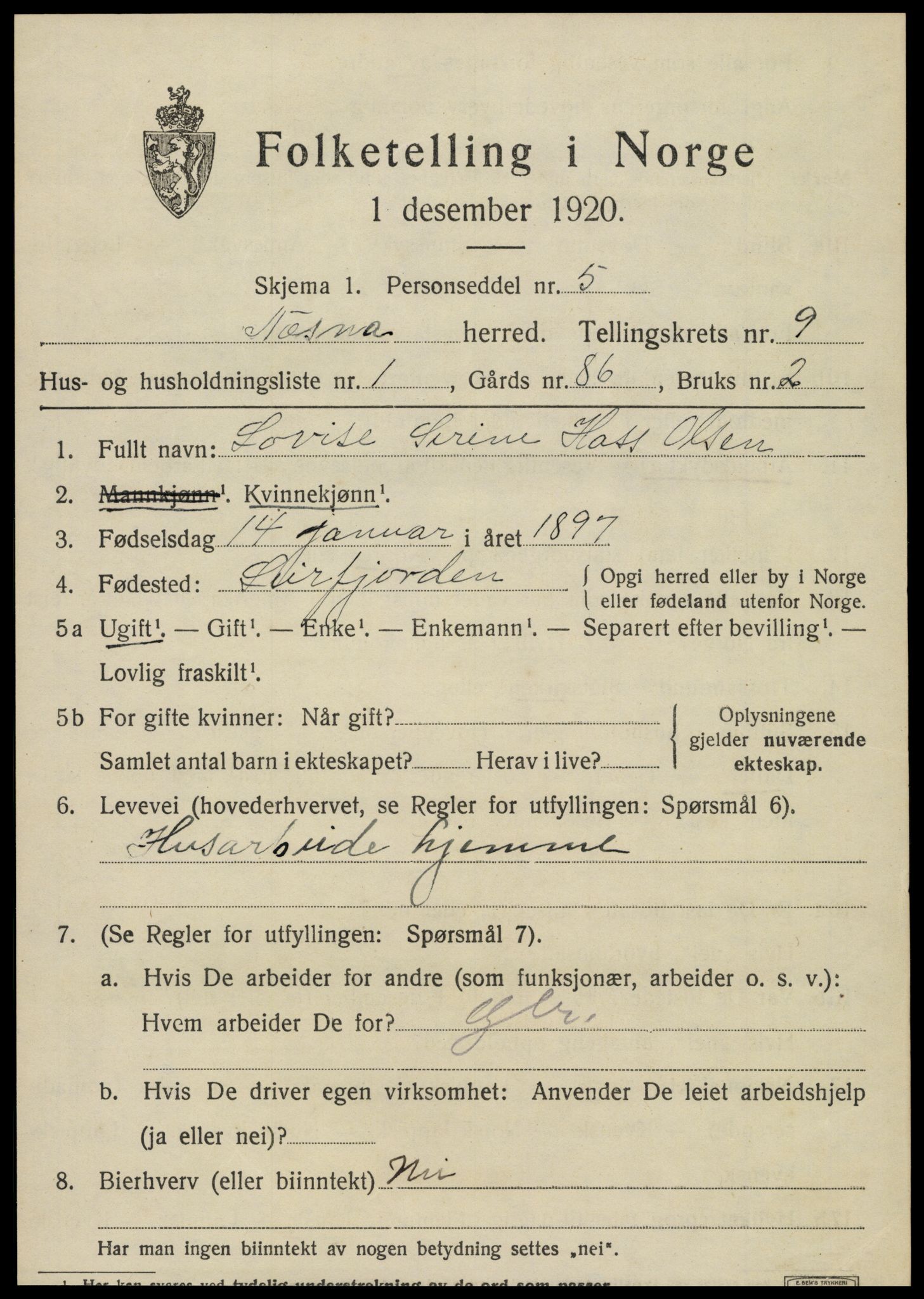 SAT, 1920 census for Nesna, 1920, p. 7331