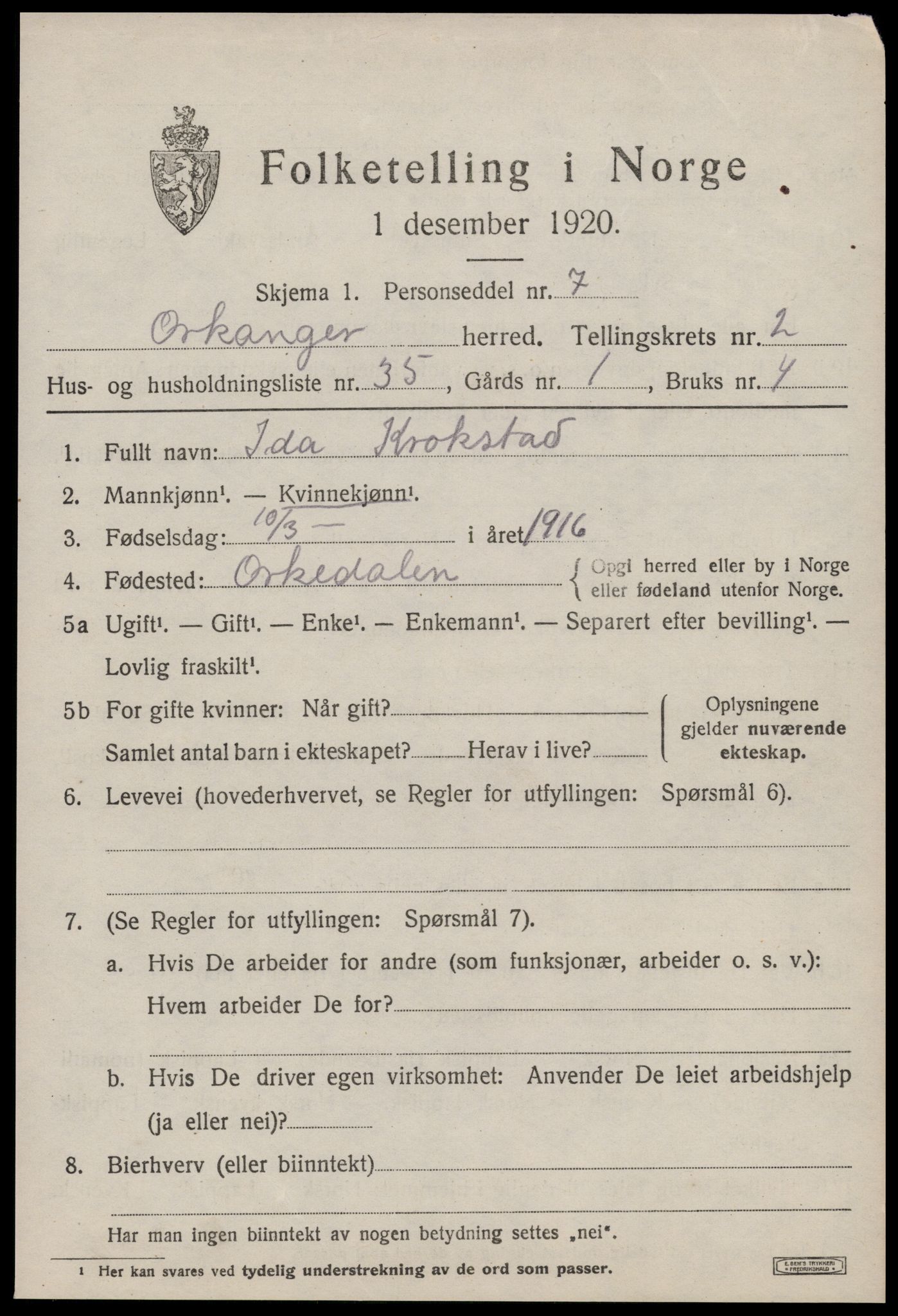 SAT, 1920 census for Orkanger, 1920, p. 1741