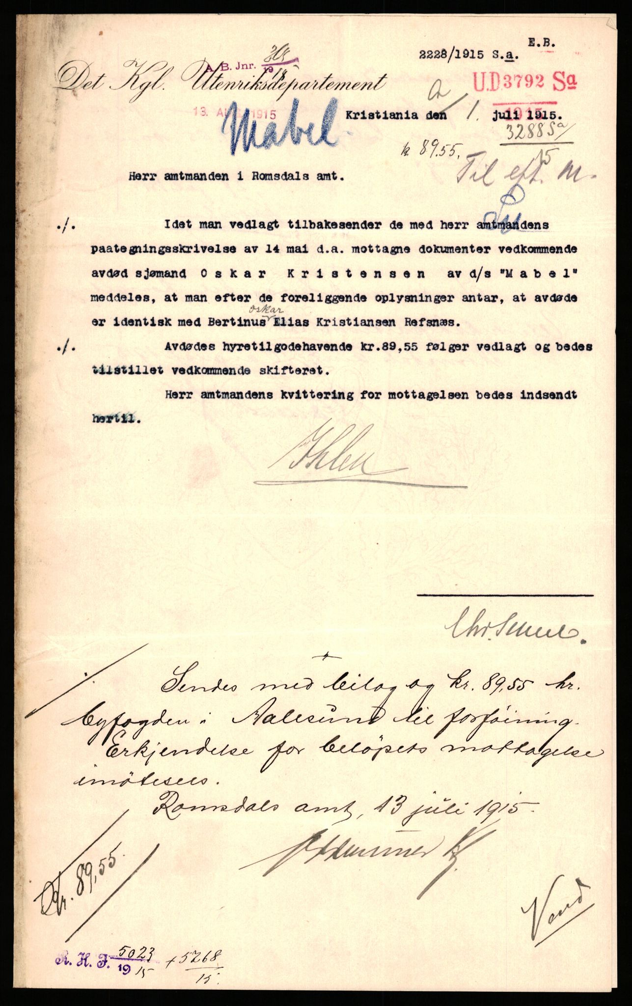 Handelsdepartementet, Sjøfartsavdelingen, 1. sjømannskontor, RA/S-1405/D/Dm/L0010: Forliste skip Lar - Min, 1906-1920, p. 489