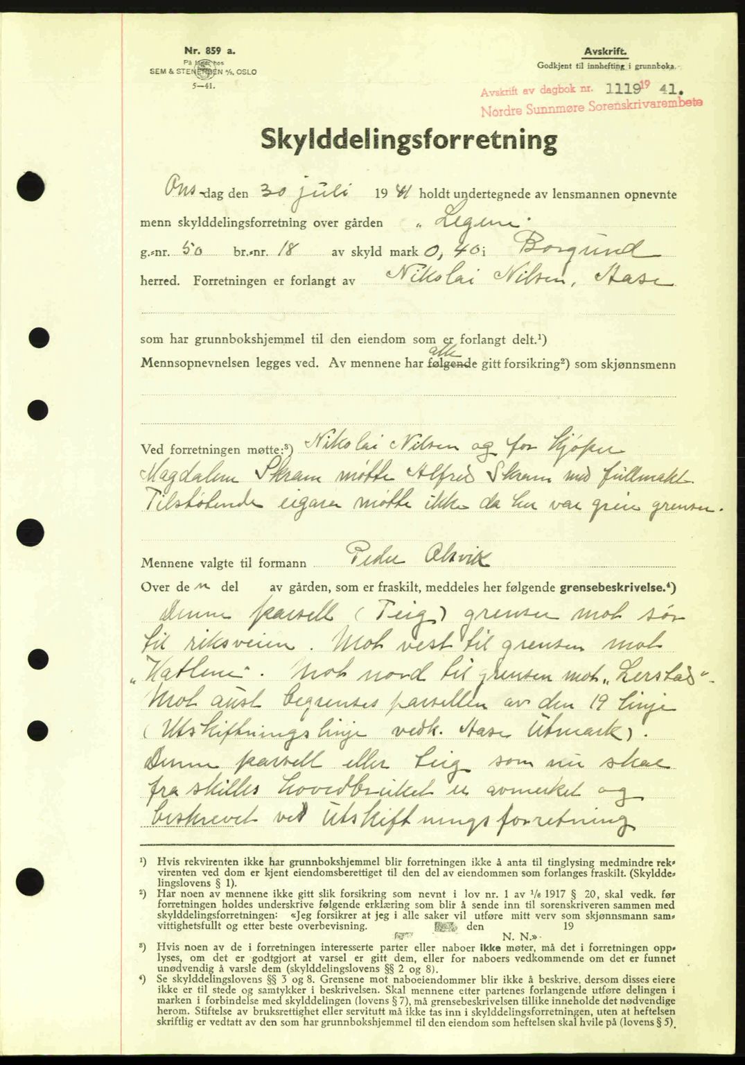 Nordre Sunnmøre sorenskriveri, SAT/A-0006/1/2/2C/2Ca: Mortgage book no. A11, 1941-1941, Diary no: : 1119/1941