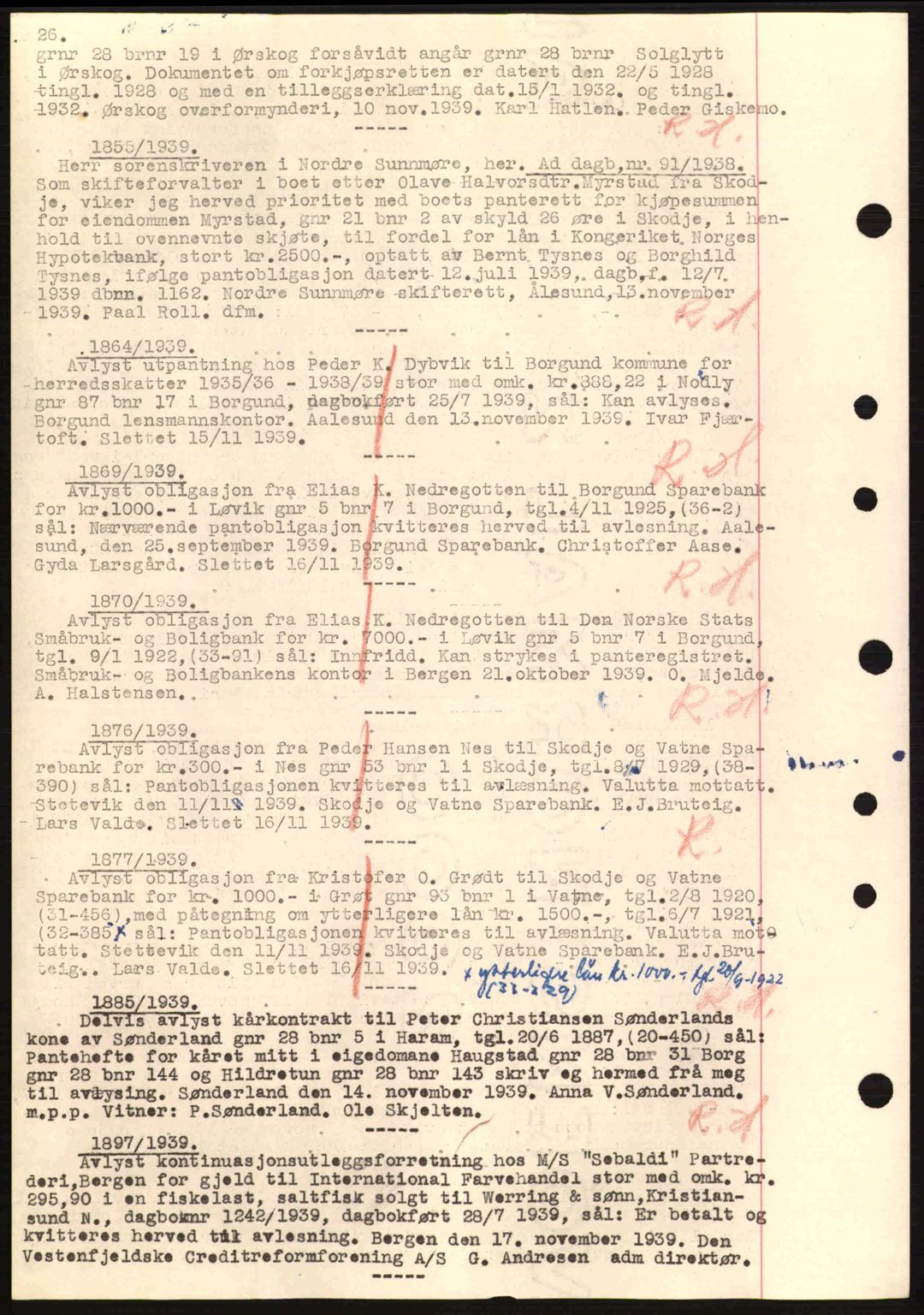 Nordre Sunnmøre sorenskriveri, AV/SAT-A-0006/1/2/2C/2Ca: Mortgage book no. B1-6, 1938-1942, Diary no: : 1855/1939